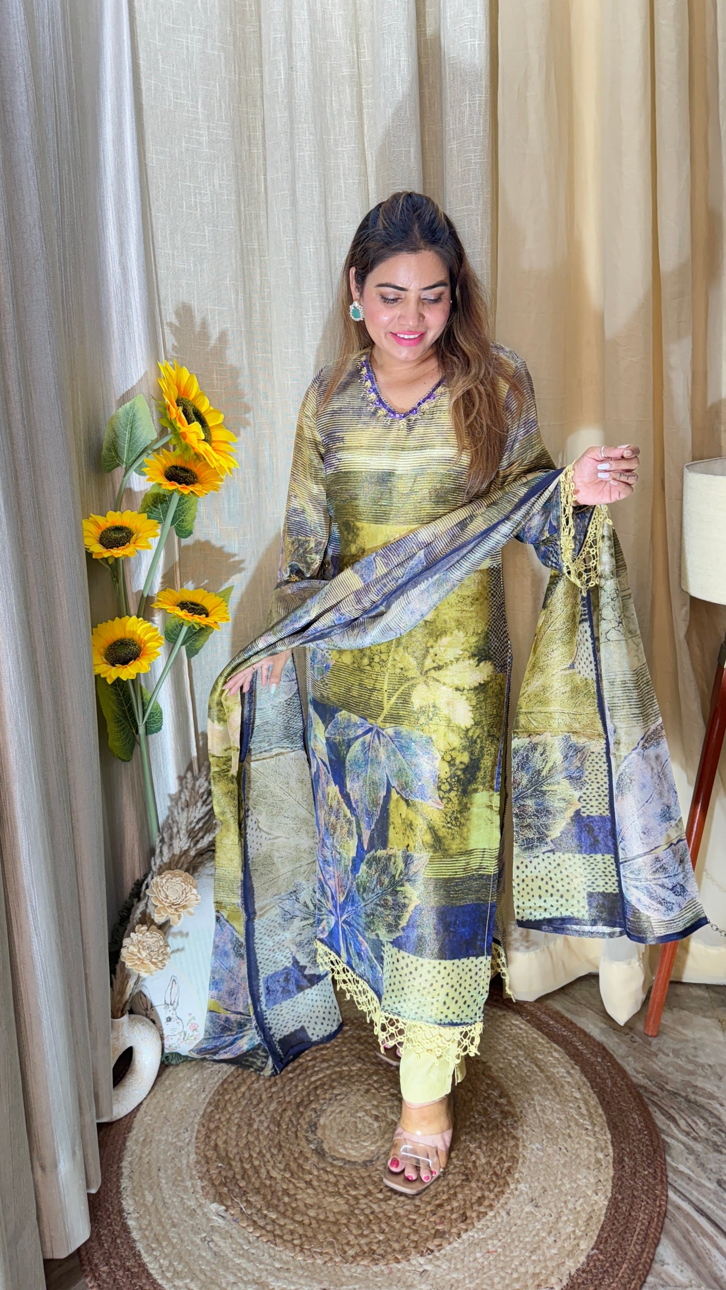 olive printed pakistani suit set