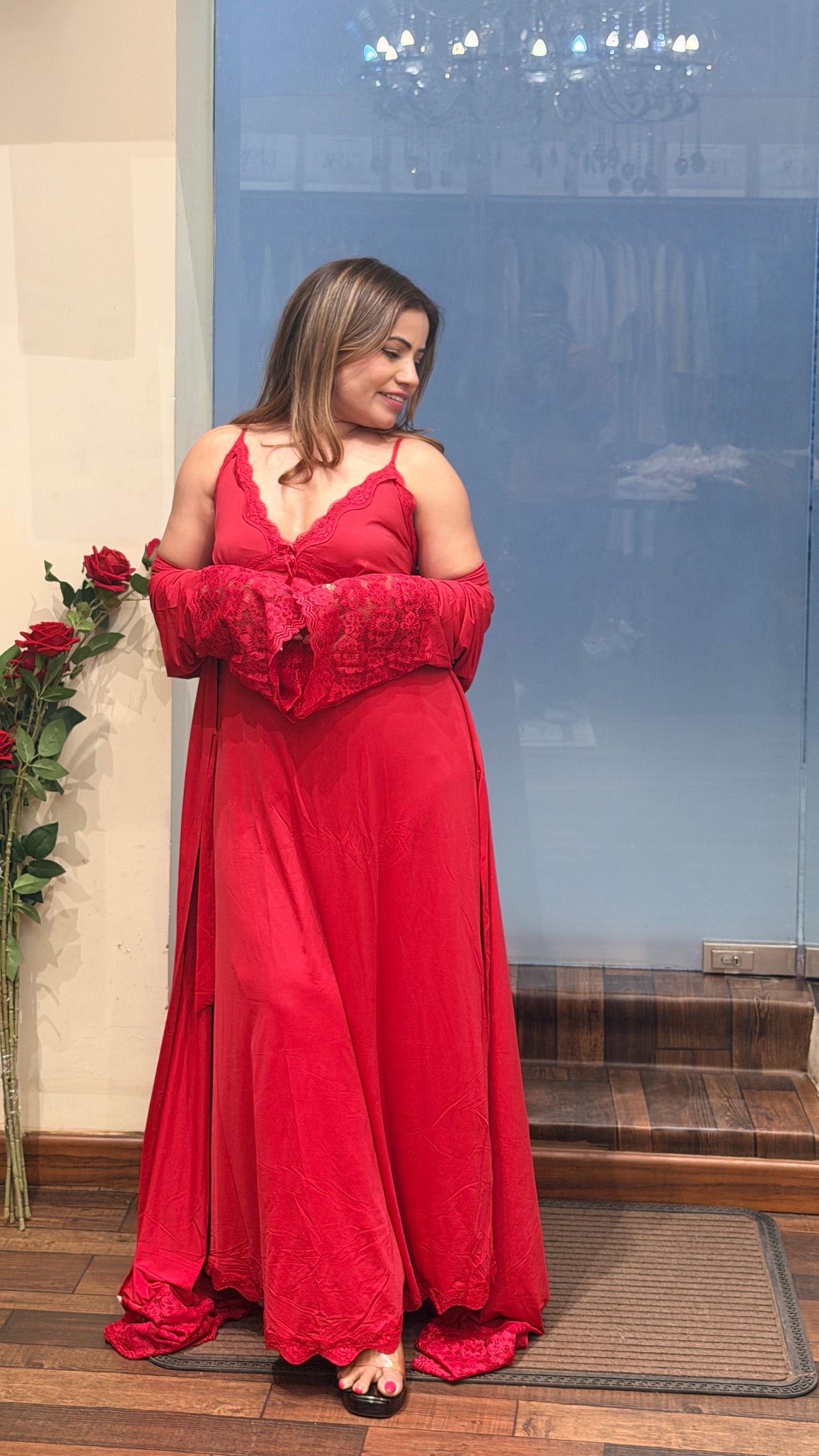 Luxury Red Satin Nightwear Set with Lace Detail & Robe