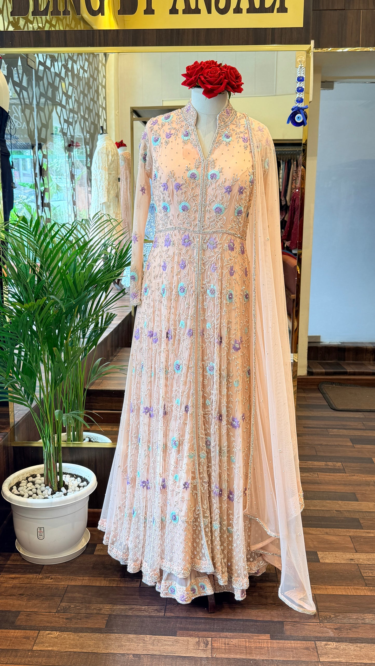 Blush Peach Floral Embroidered Anarkali Set with Dupatta