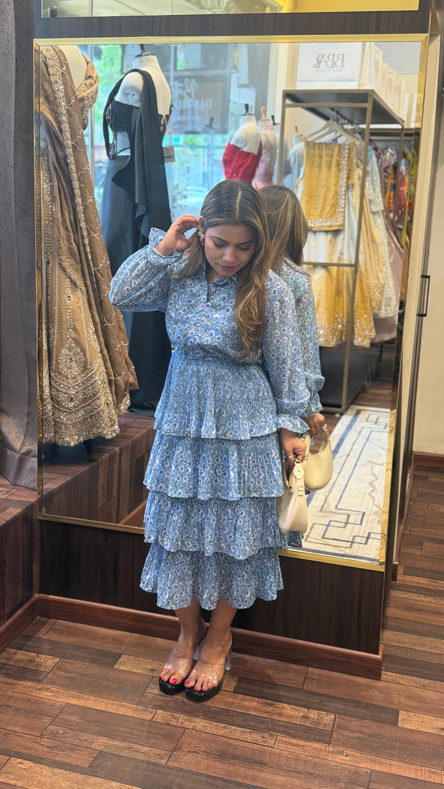 Romantic Layered Floral Midi Dress with Shirt Collar