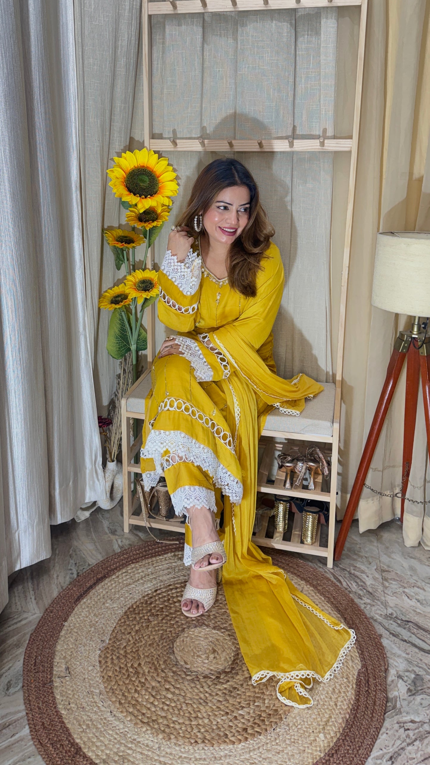 Sunshine Yellow Lace-Detail Kurta Set – 3 Piece