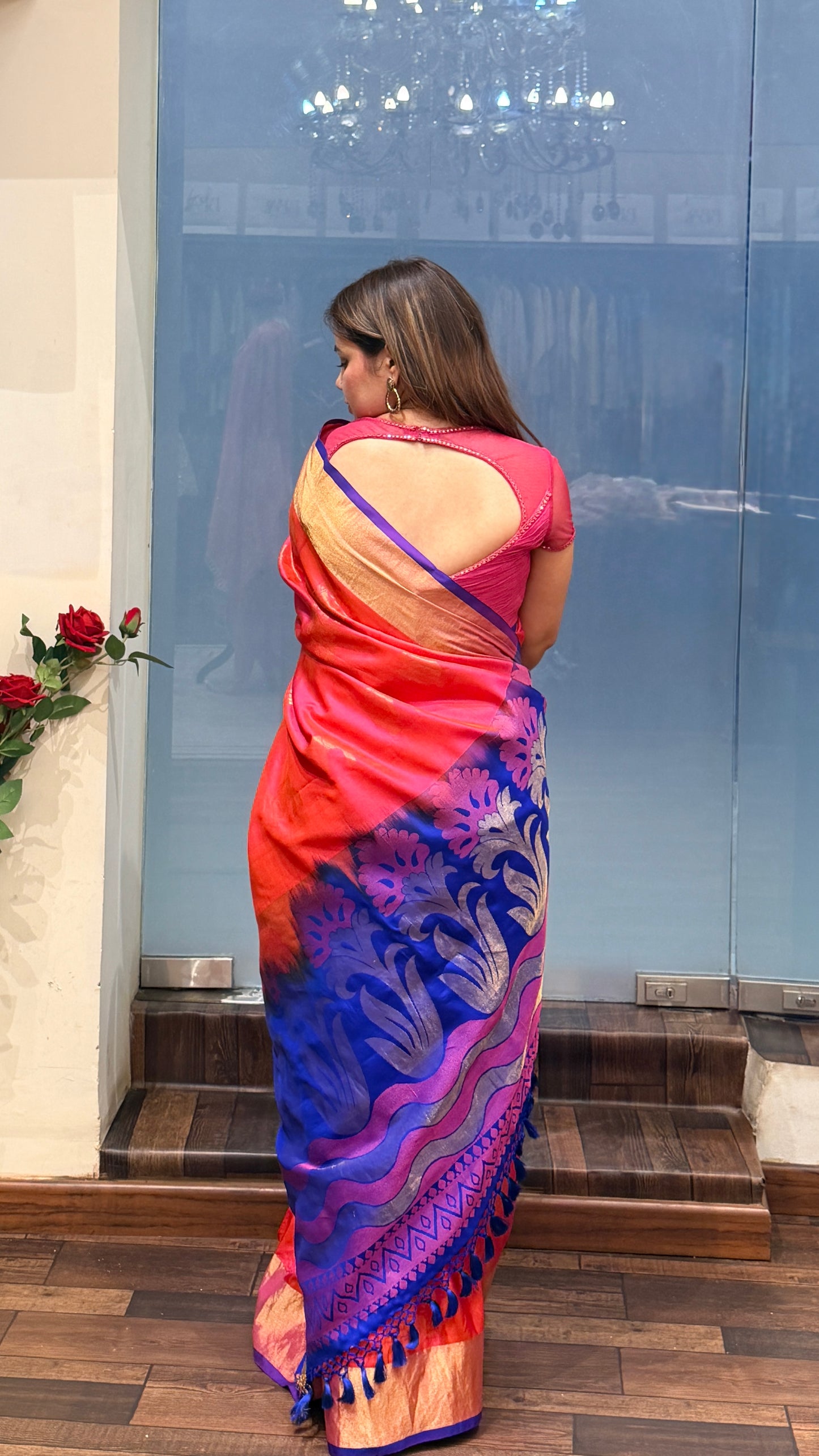 Rani Pink Banarasi Silk Saree with Royal Blue Border & Zari Weaving