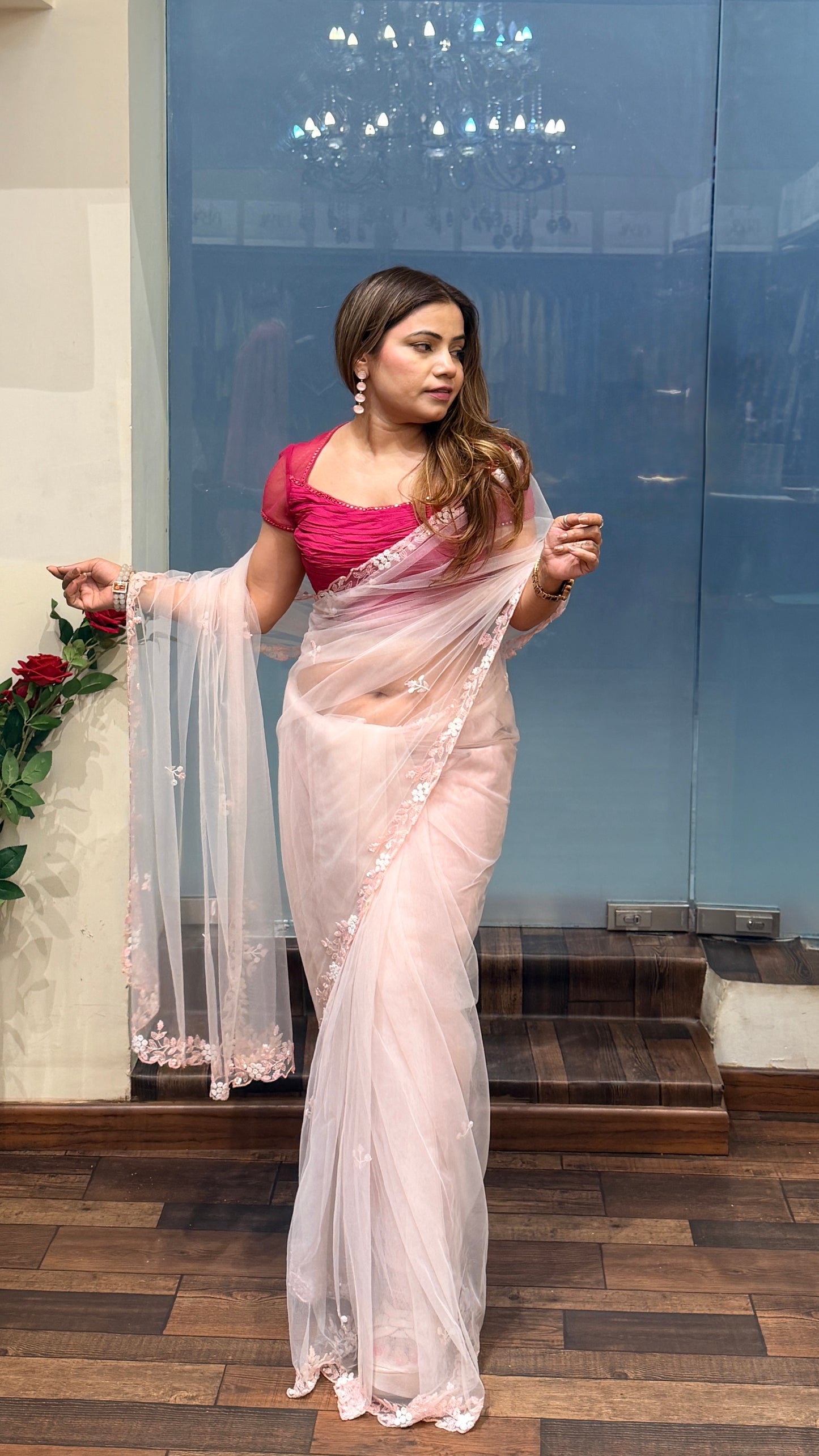 Soft Pink Net Saree with Floral Embroidery & Designer Blouse