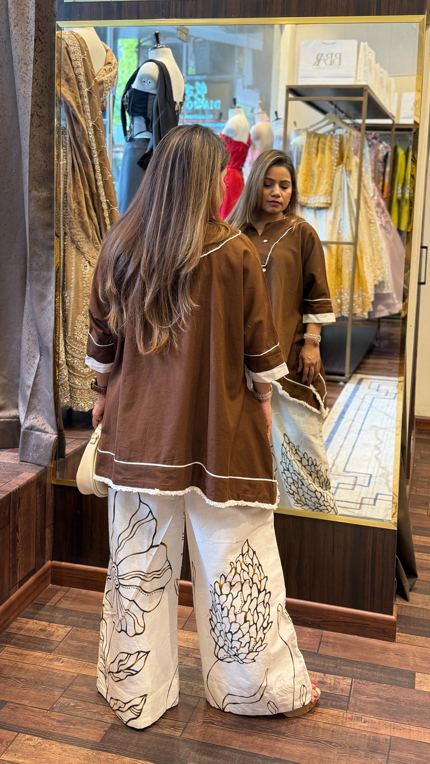 Brown Cotton Kaftan Co-ord Set with Printed Palazzo – Effortless Chic Wear