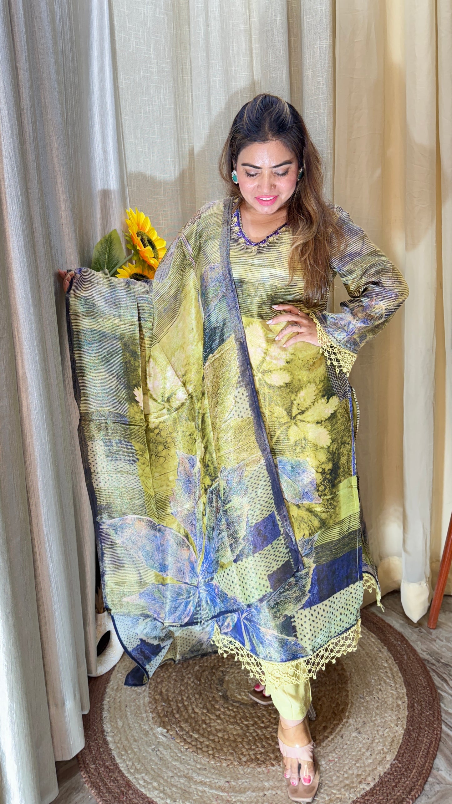 olive printed pakistani suit set