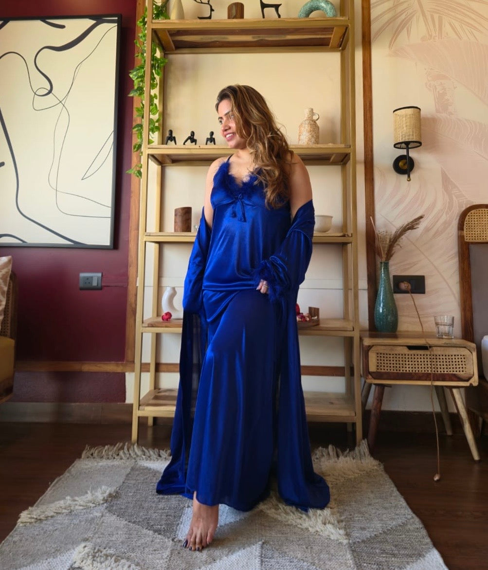 Feather Trim Satin Nightgown with Robe