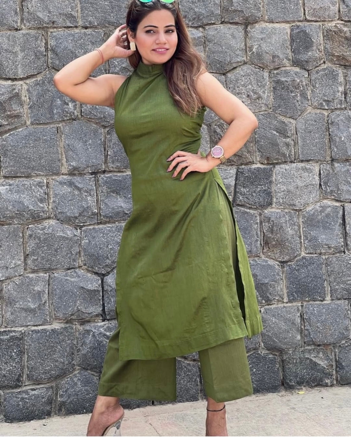 Olive-green kurta cord-set