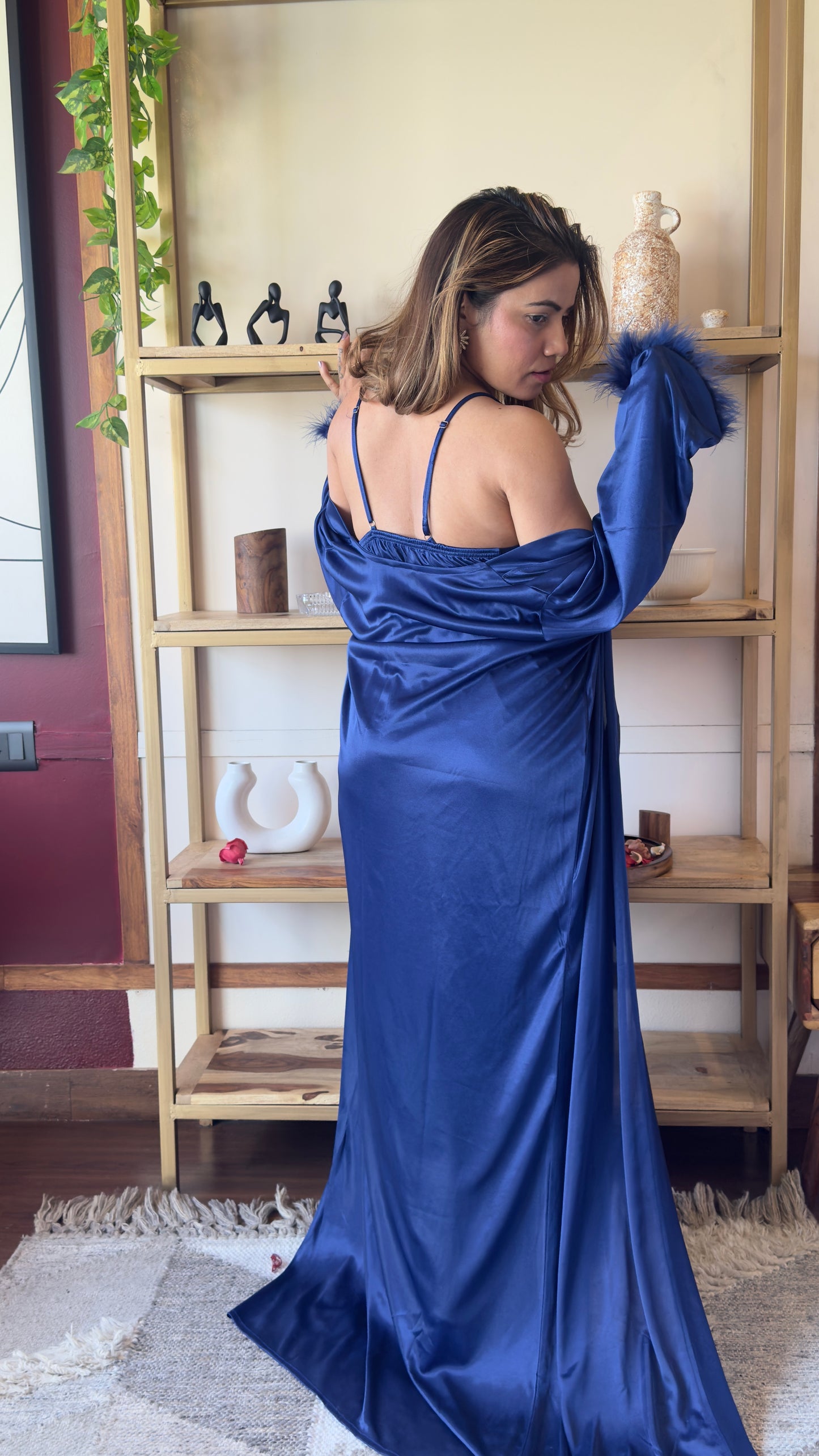 Feather Trim Satin Nightgown with Robe