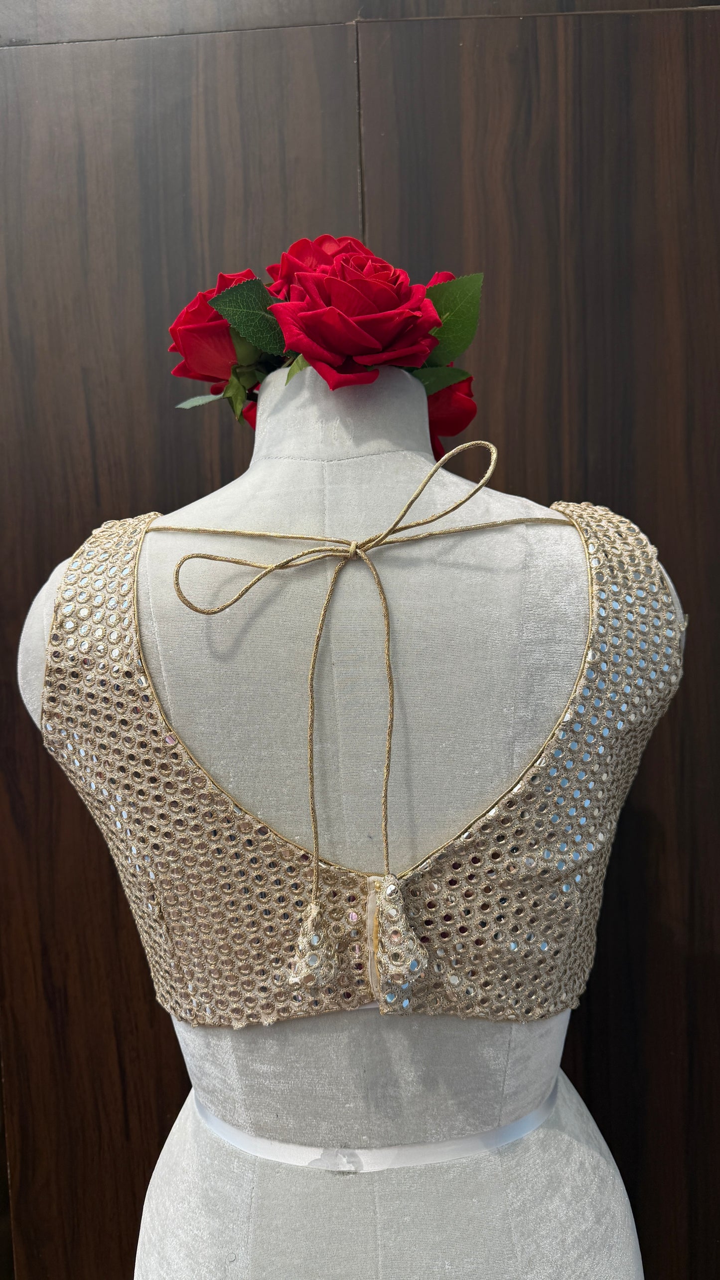 Handcrafted Gold Mirror-Work Blouse - V-Neck Ethnic Crop Top for Lehengas & Sarees