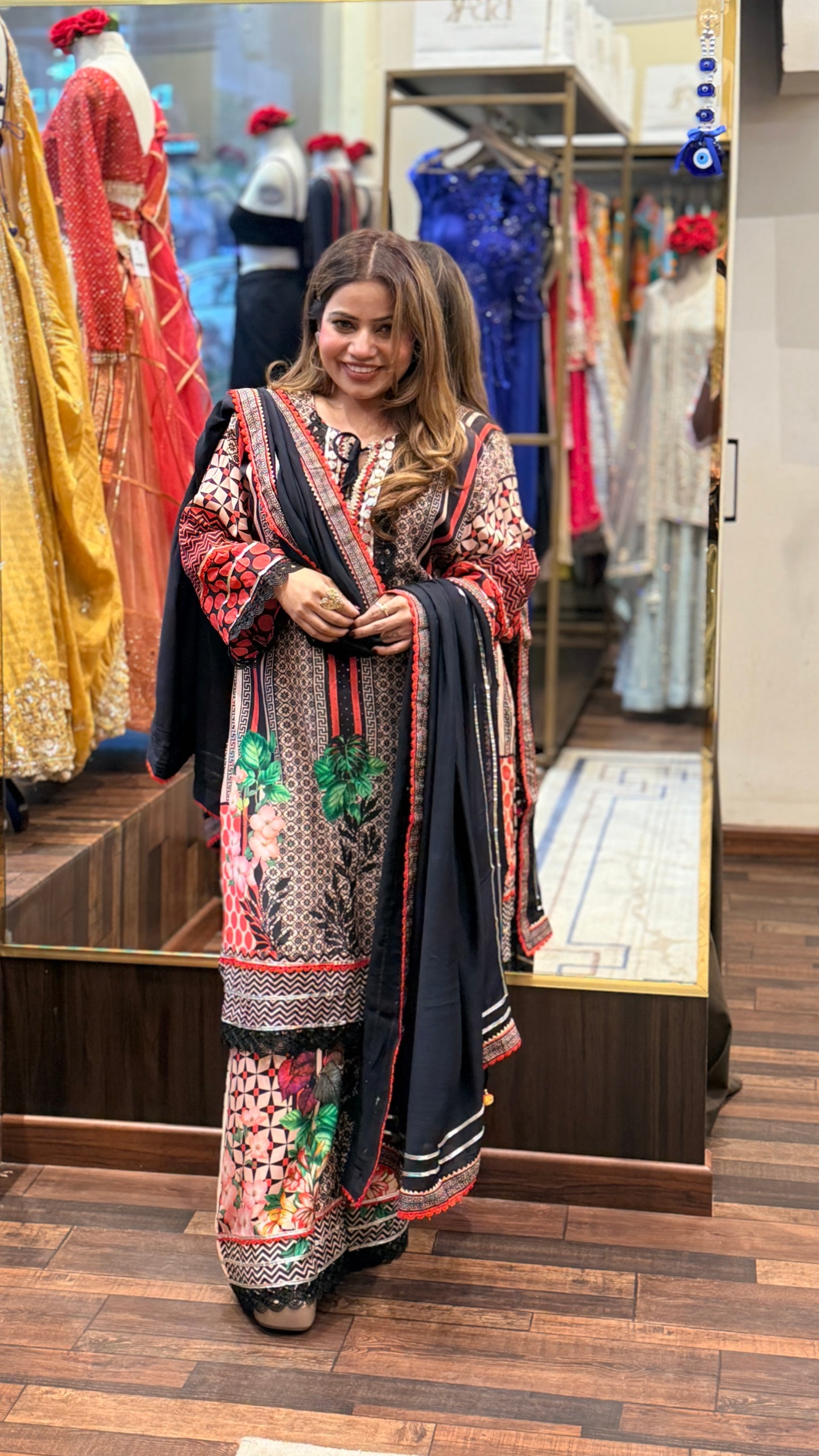 Black Multi-Print Kurta Set with Dupatta & Plaza Pants