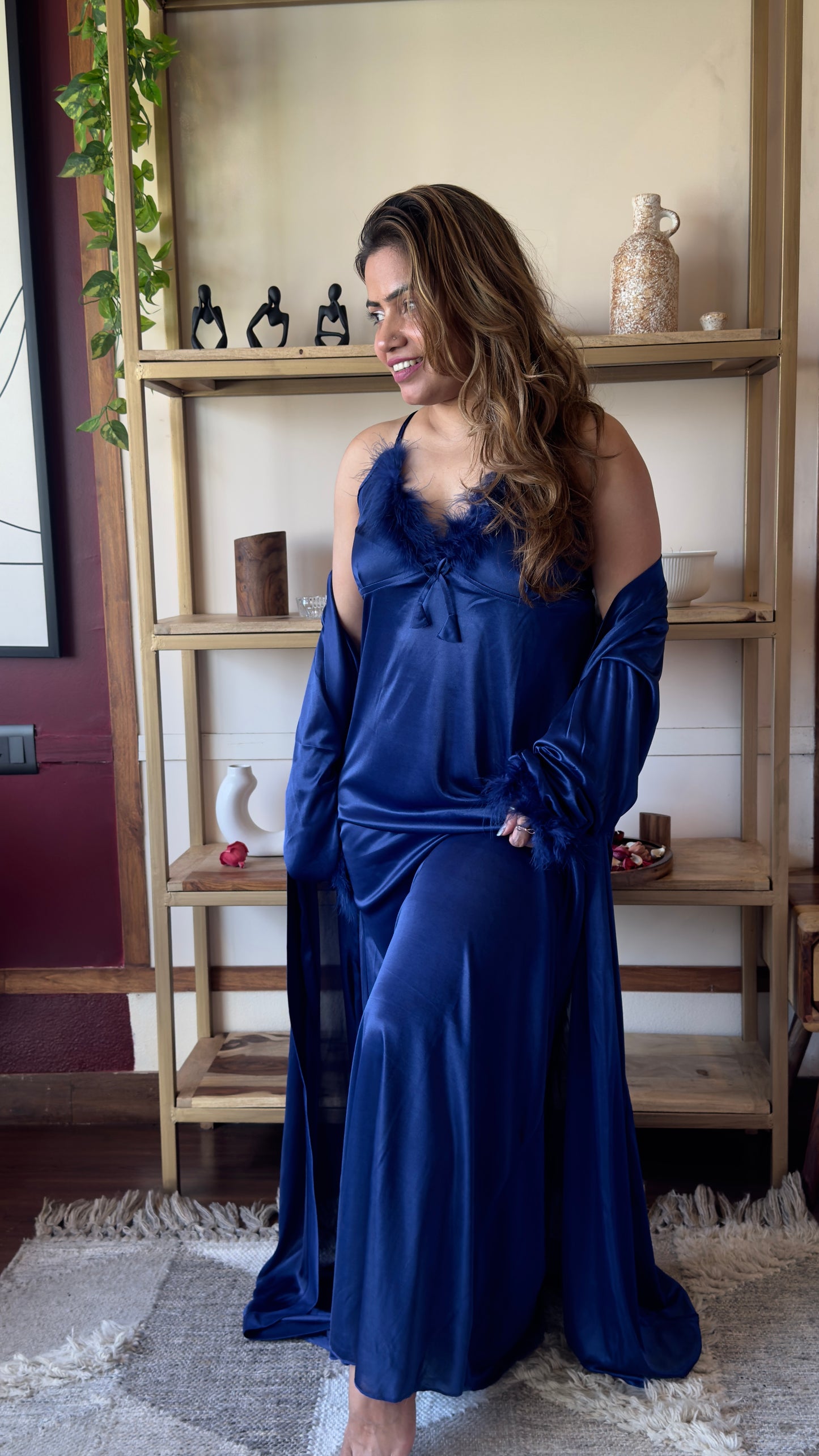 Feather Trim Satin Nightgown with Robe