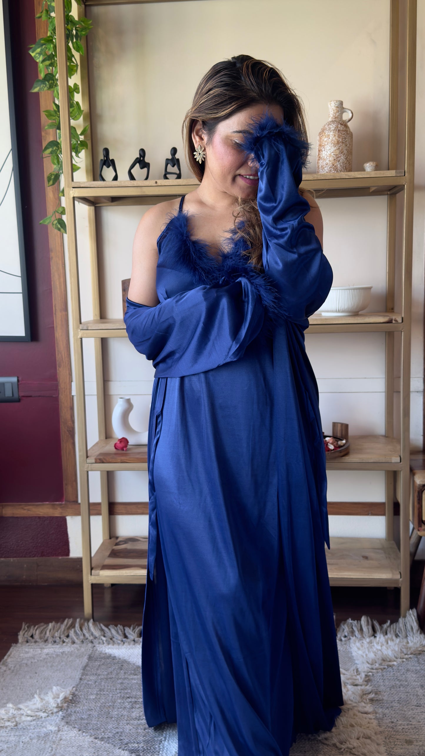 Feather Trim Satin Nightgown with Robe