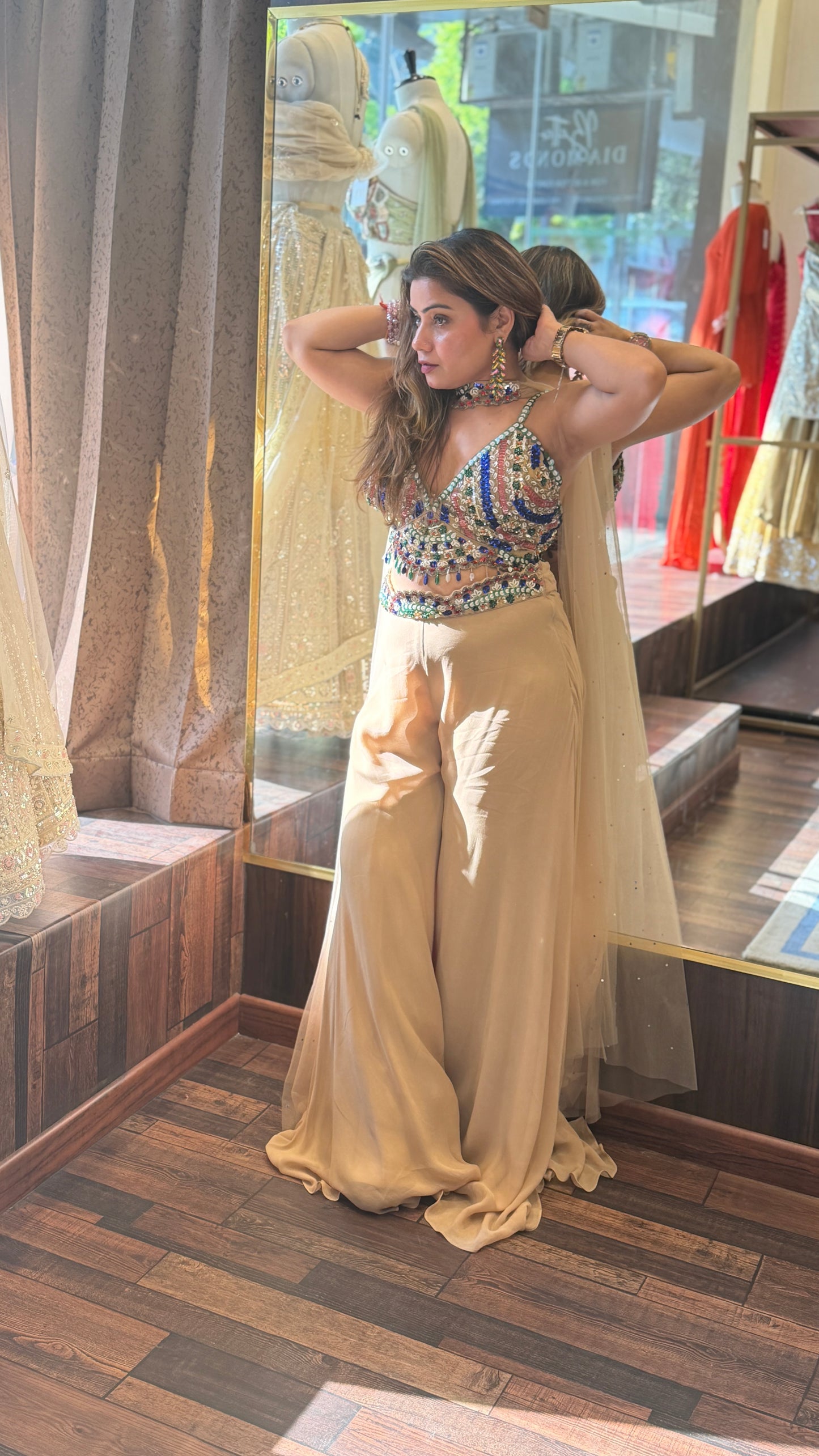 Multicolor Embellished Blouse with Beige Palazzo & Net Cape Set