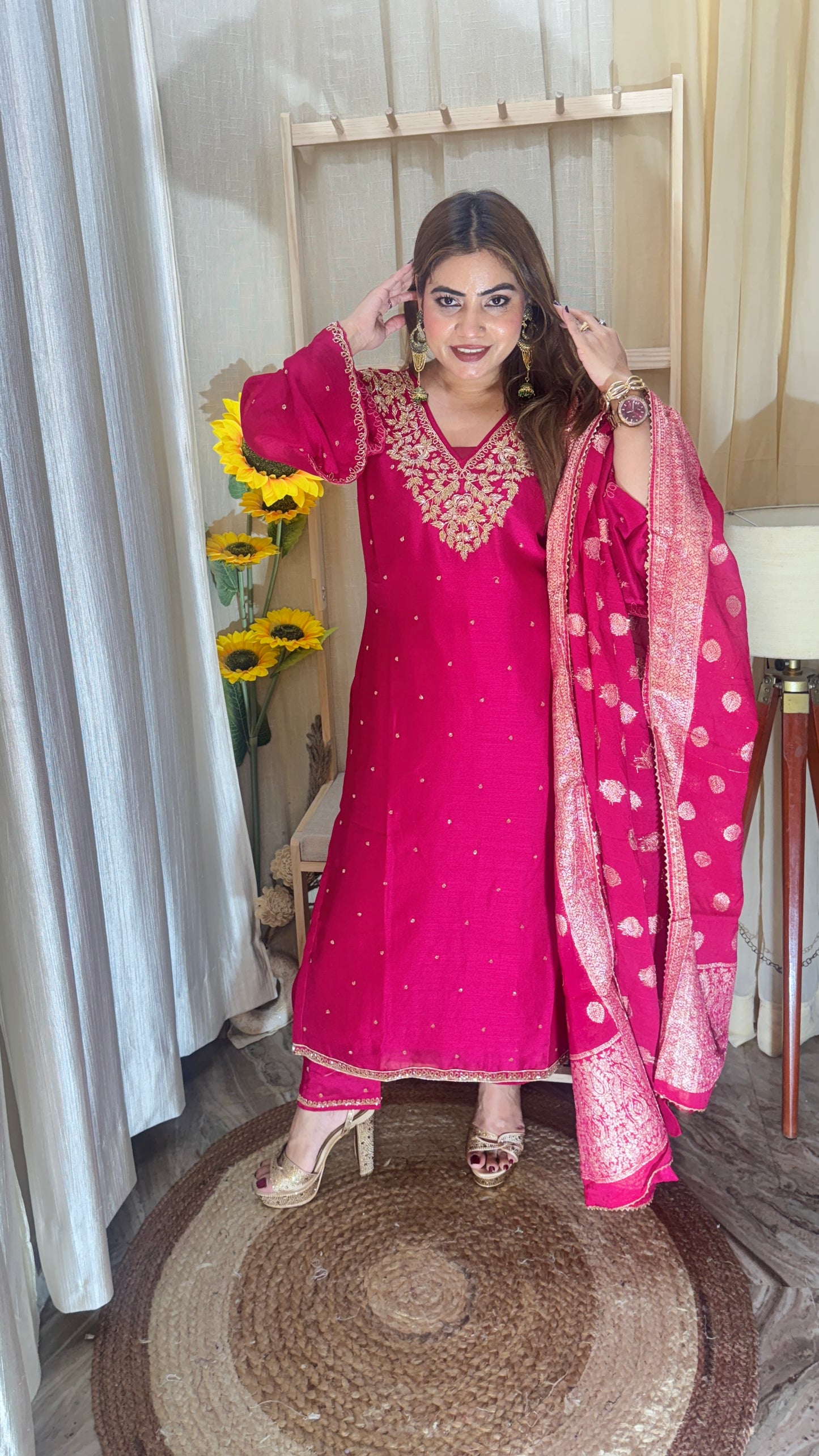 Pink Embroidered Silk Suit Set with Banarasi Dupatta