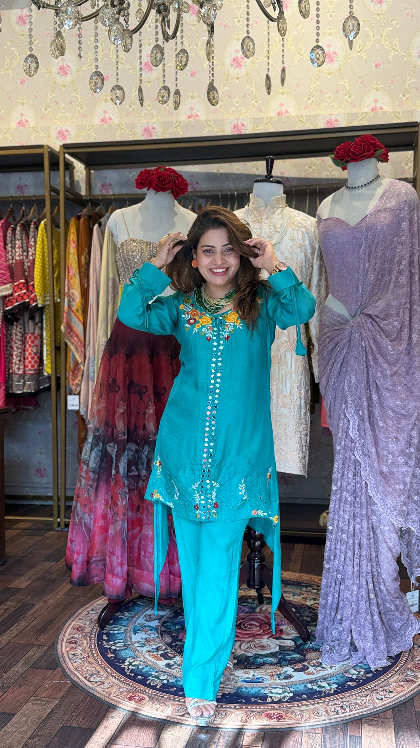 Teal Blue Floral Embroidered Kurta Set with Straight Pants | Premium Festive Ethnic Wear for Women
