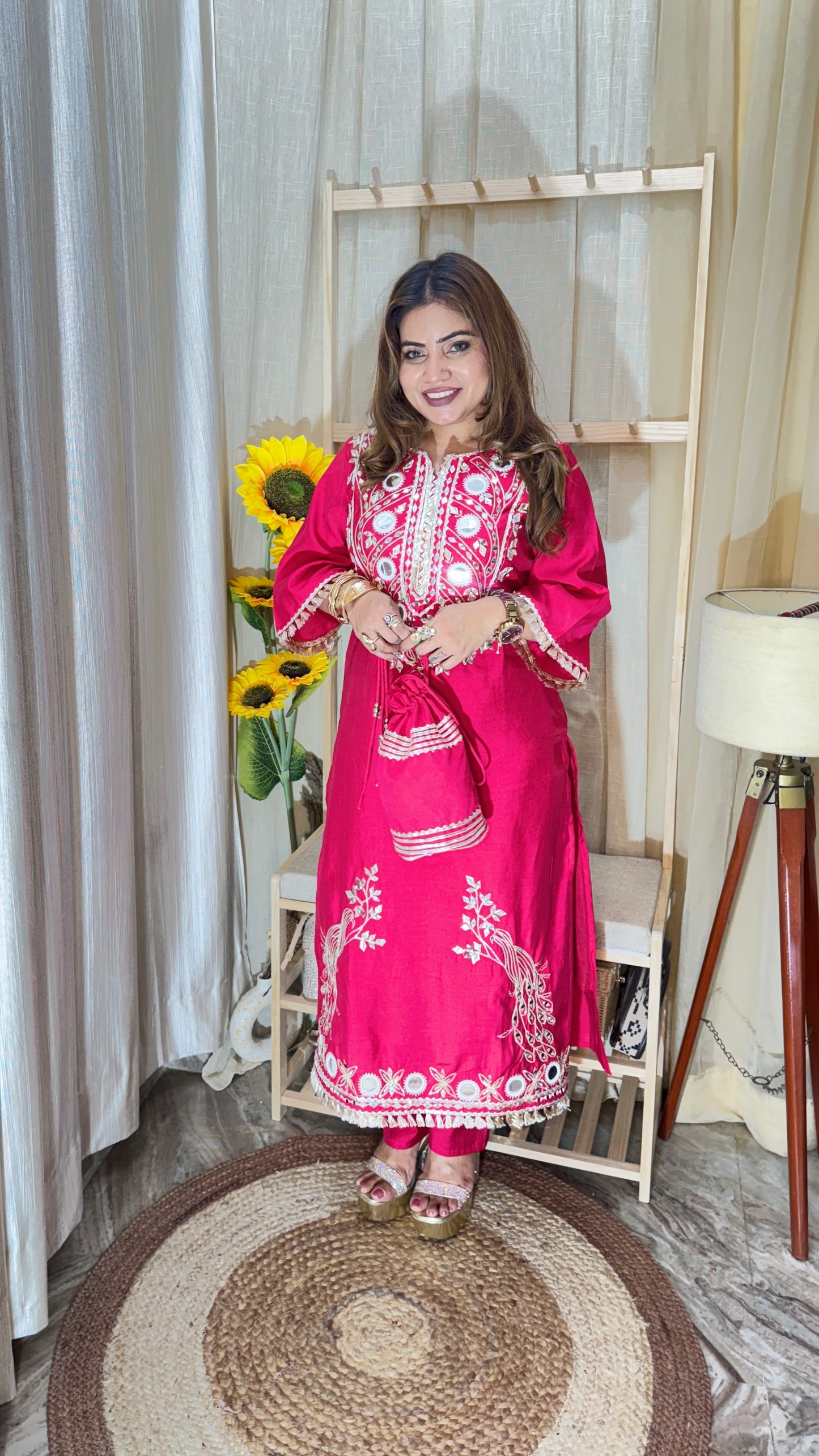 Hot Pink Mirror Embroidered Kurta Set with Potli Bag