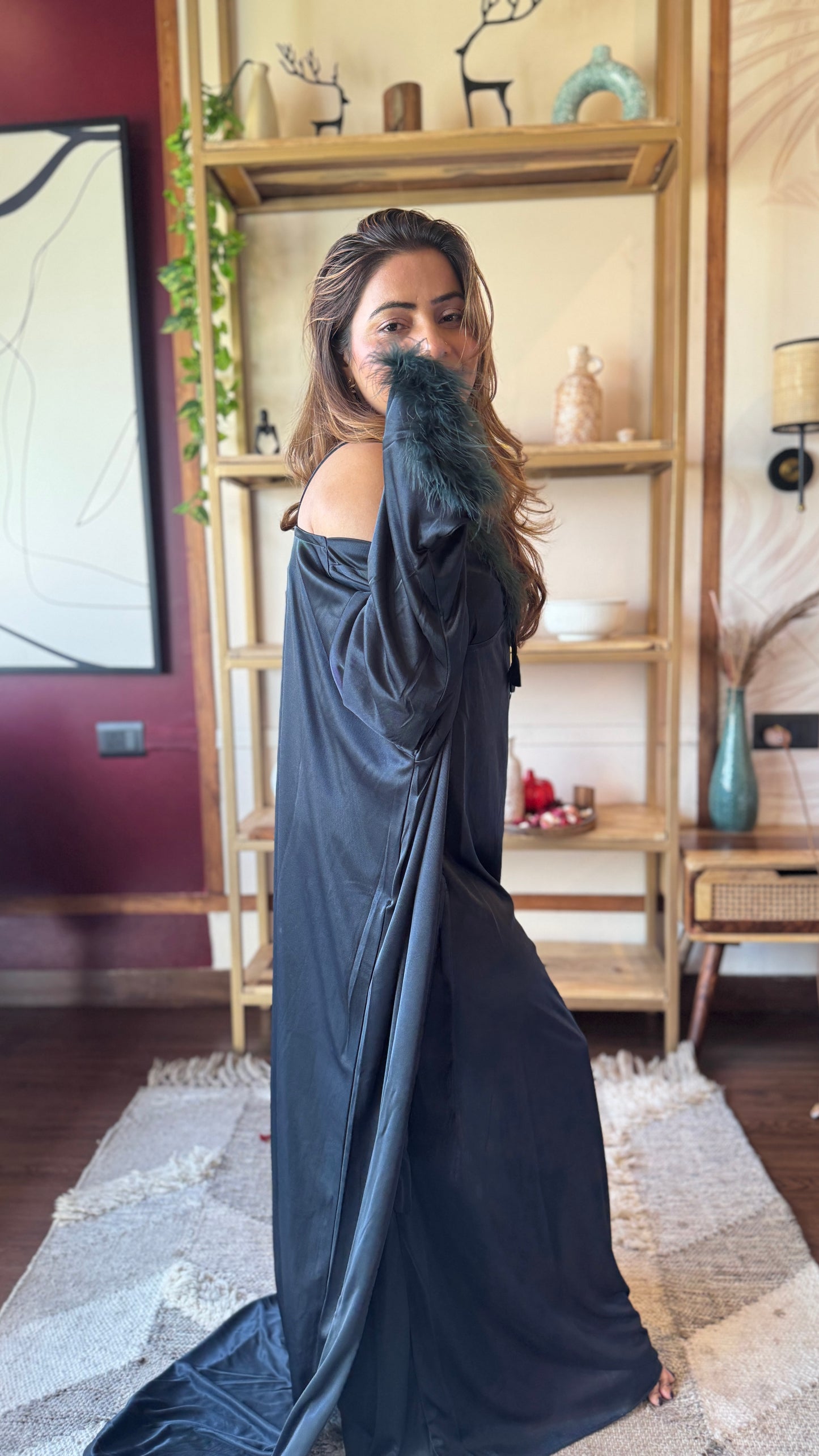 Feather Trim Satin Nightgown with Robe