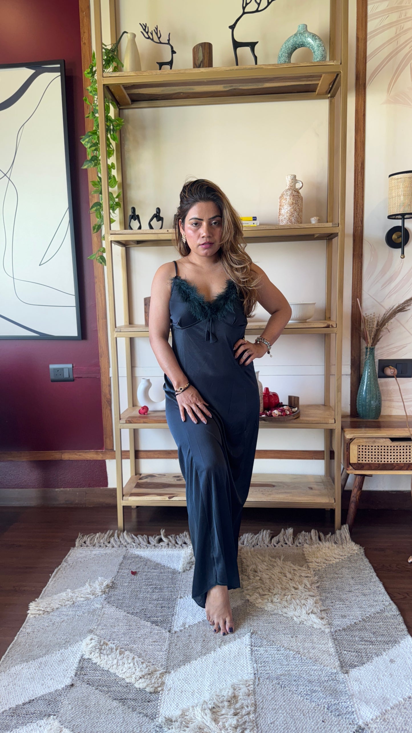 Feather Trim Satin Nightgown with Robe