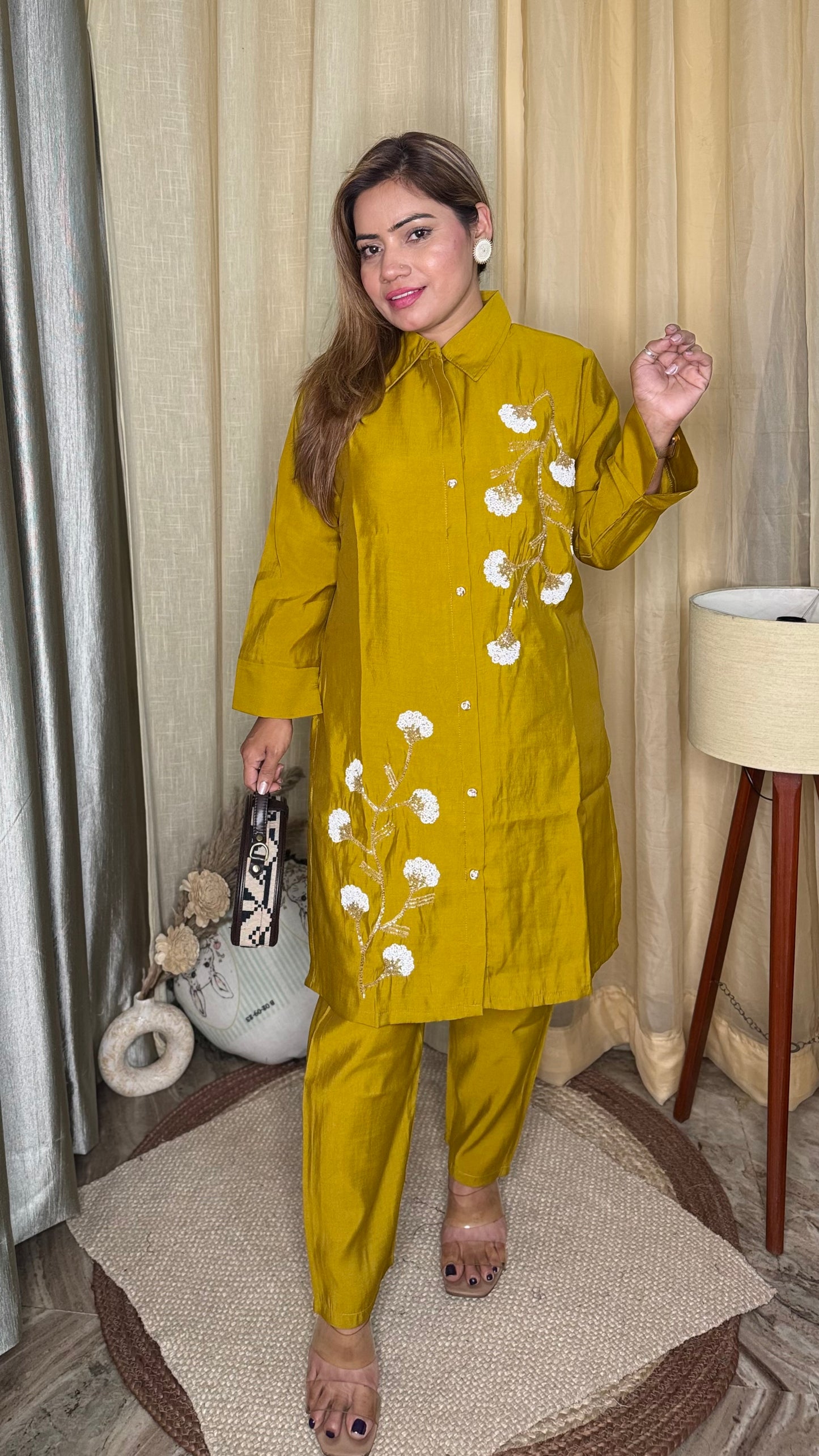 Rich mustard yellow
Embroidered Kurta cord Set