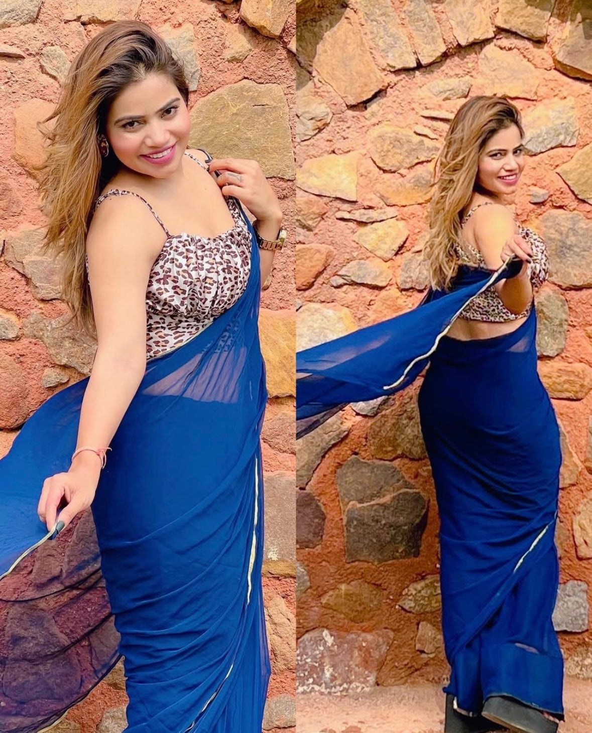 Blue chiffon saree with printed blouse