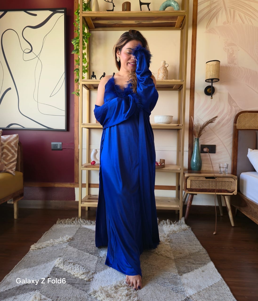 Feather Trim Satin Nightgown with Robe