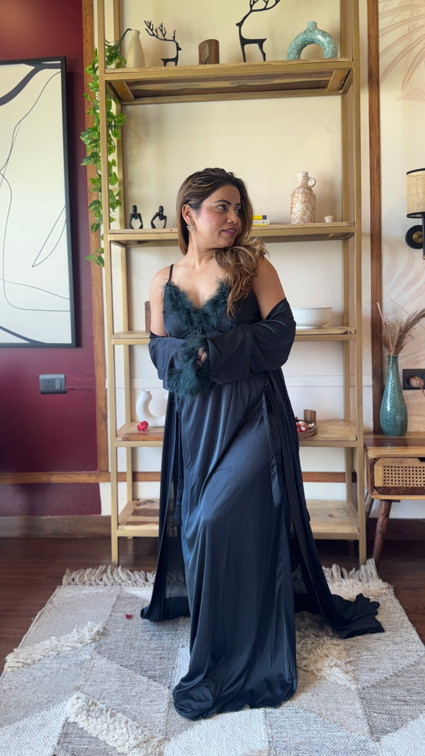 Feather Trim Satin Nightgown with Robe