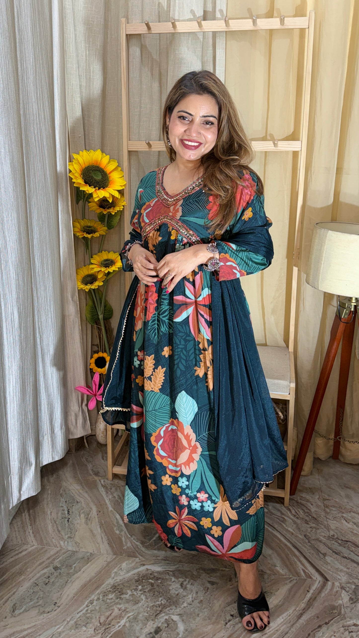 Elegant Floral Printed Anarkali Kurta Set with Dupatta
