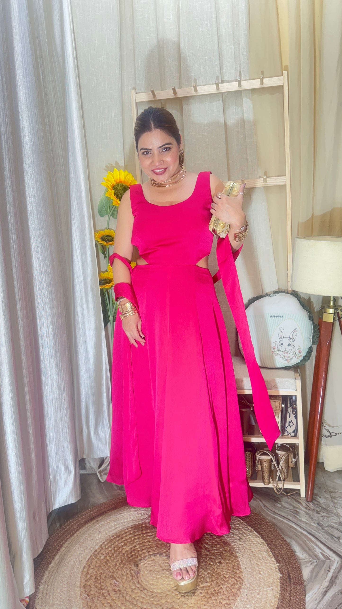 Hot Pink Flared Cut-Out Anarkali Dress