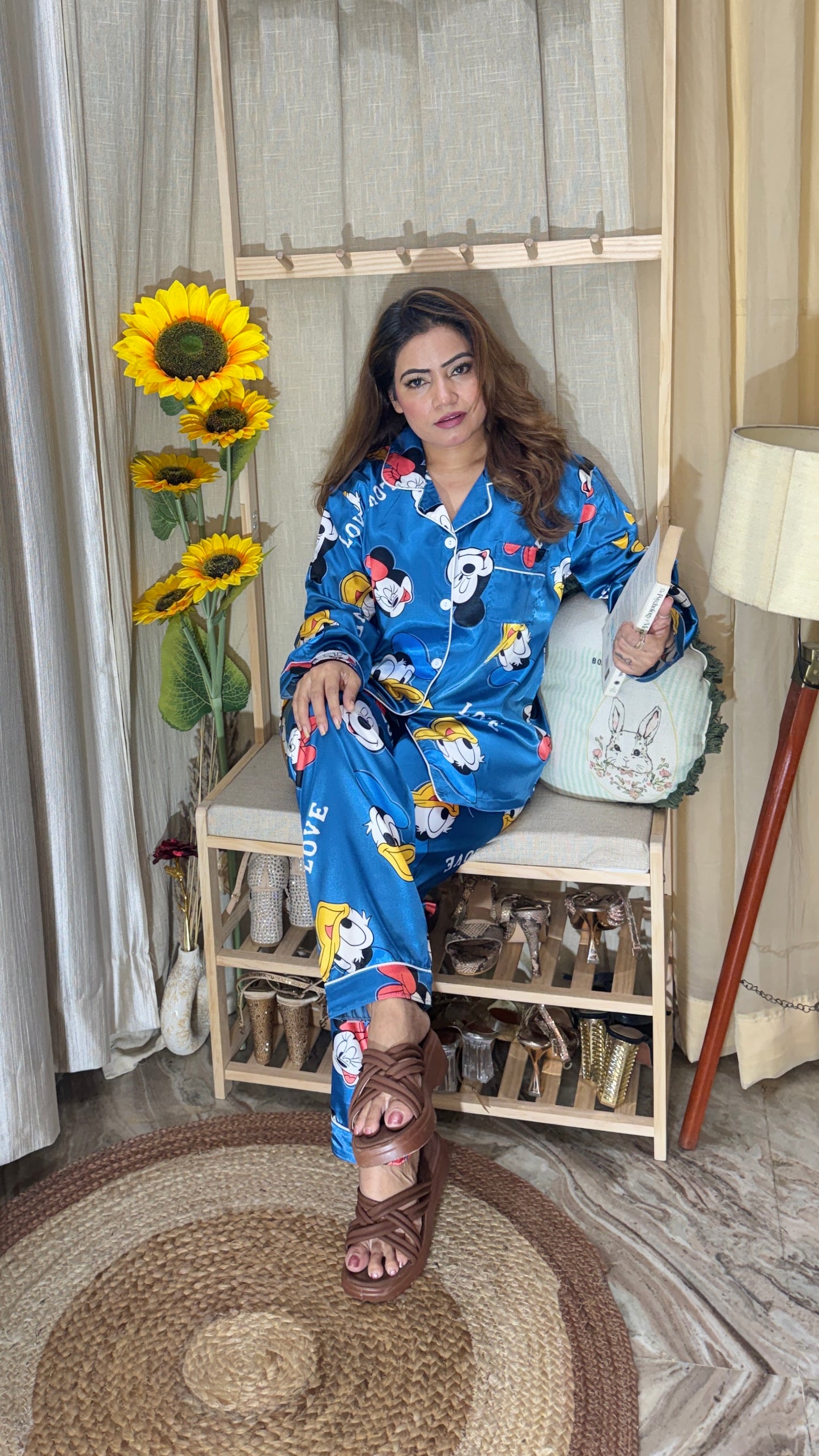 Blue Cartoon Print Satin Night Suit Set