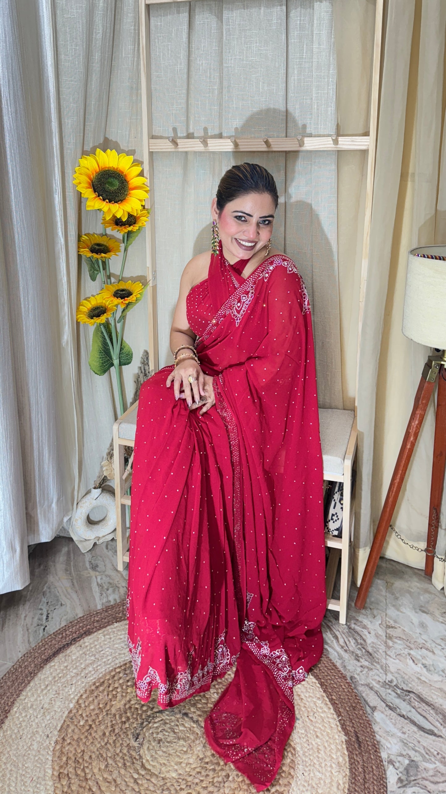 Crimson Red Swarovski Work Georgette Saree