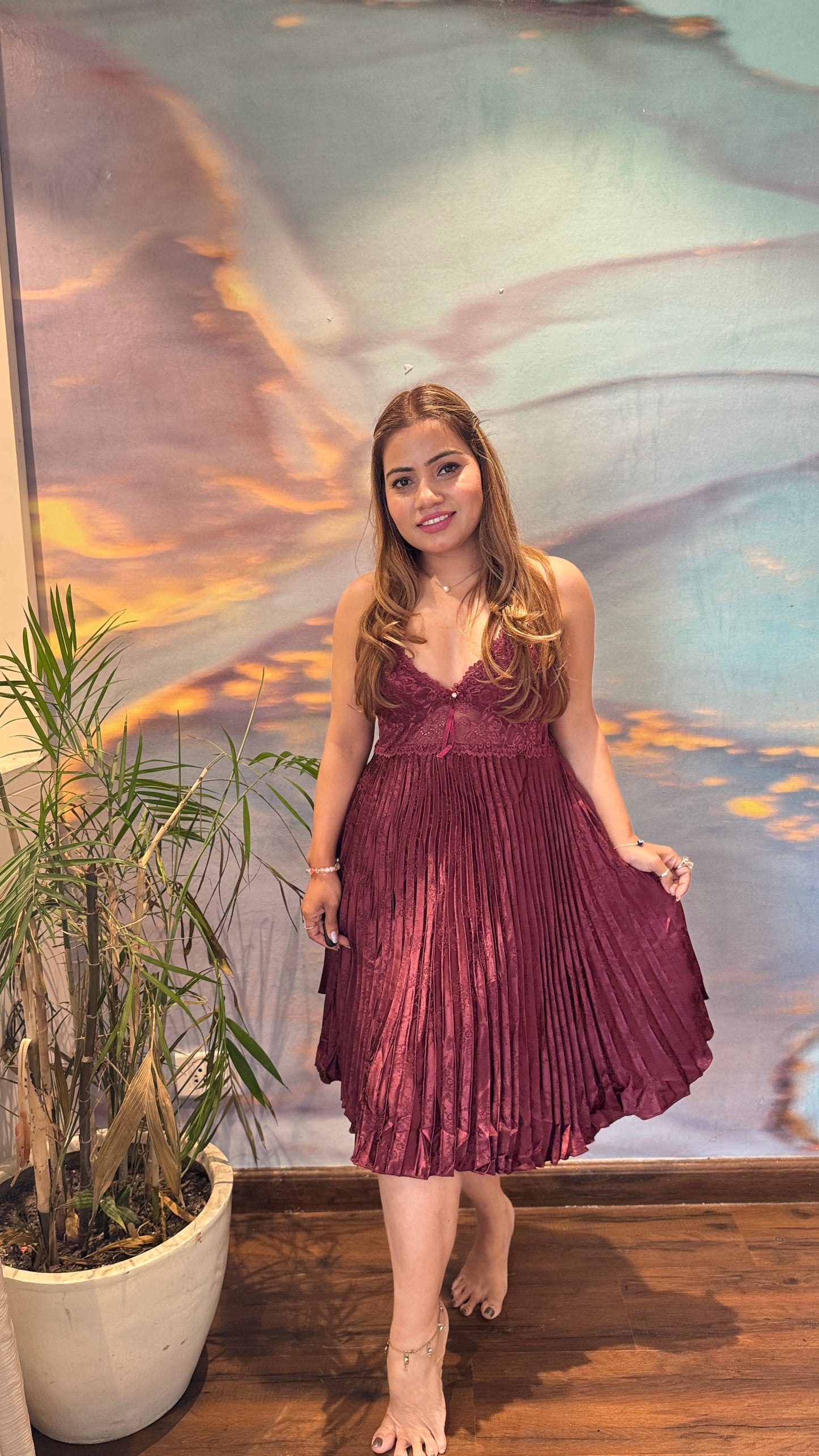 Pleated satin 3pc nighty dress
