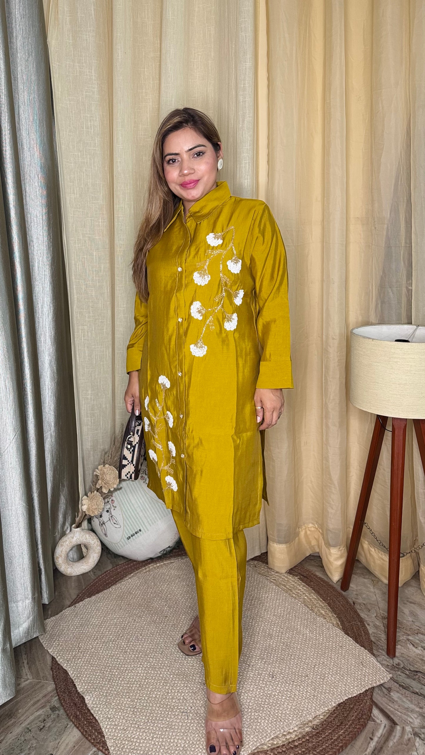 Rich mustard yellow
Embroidered Kurta cord Set