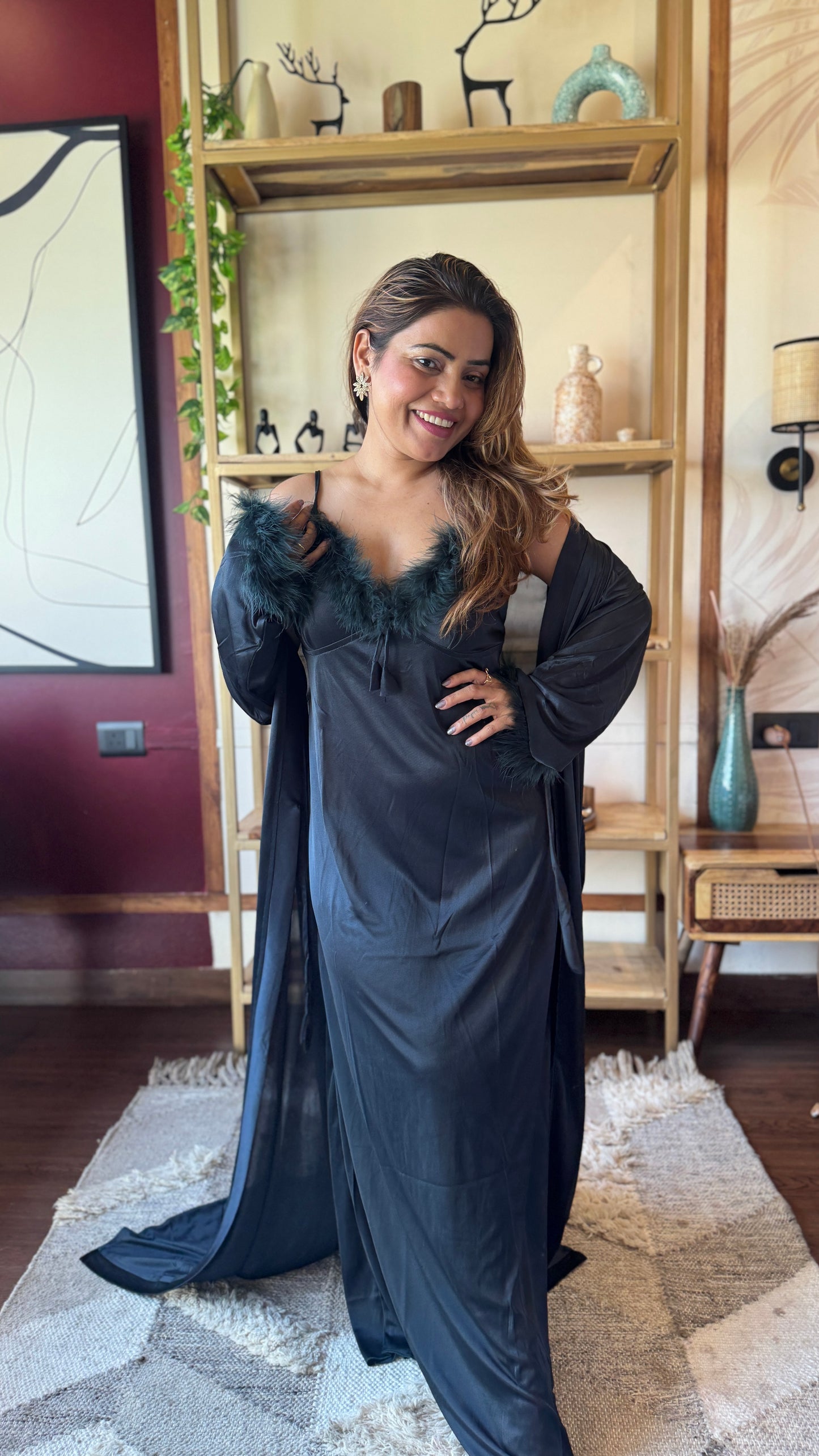 Feather Trim Satin Nightgown with Robe