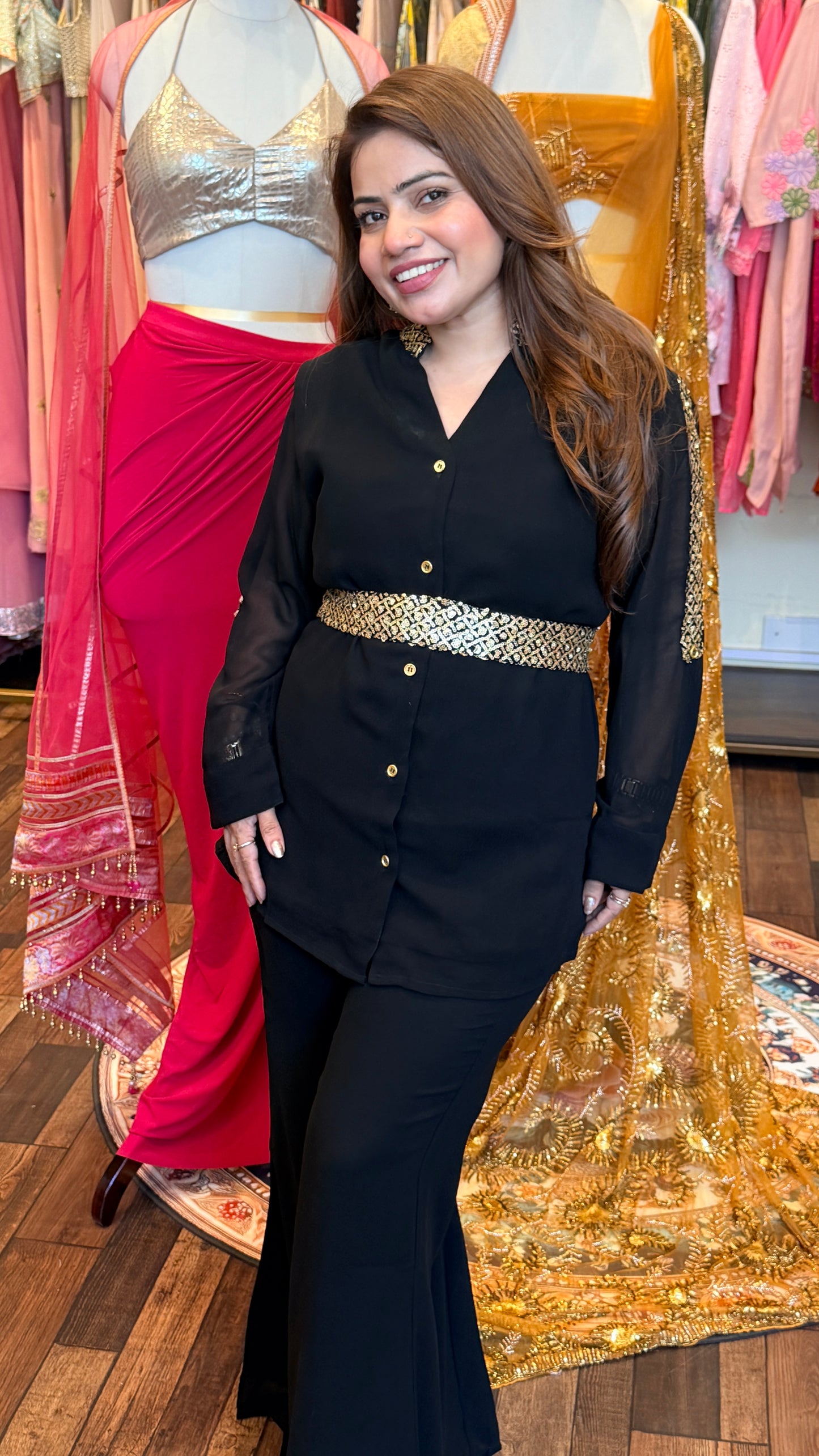 Black Gold Embellished Co-ord Set with Sheer Sleeves