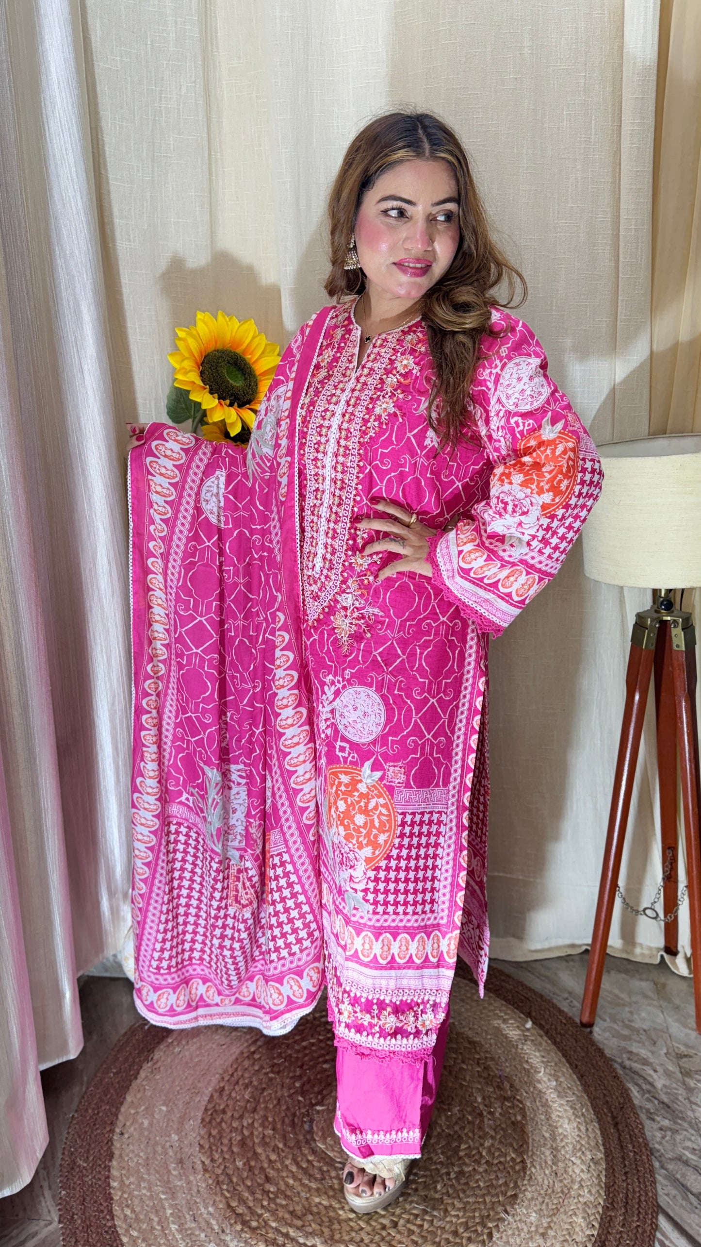 Fuchsia Bloom Embroidered Cotton Suit set