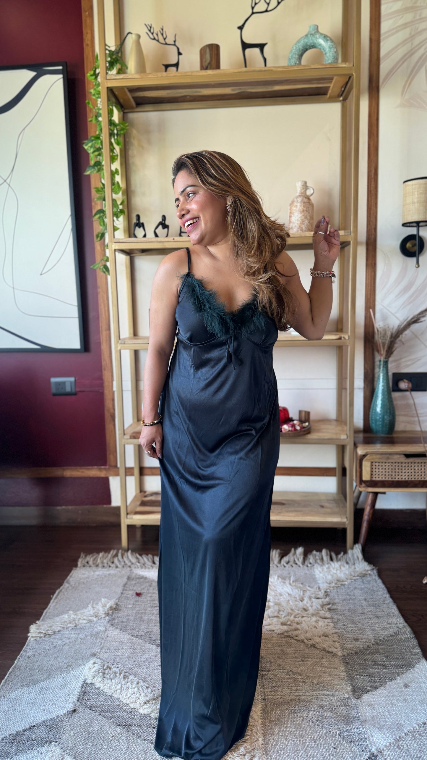 Feather Trim Satin Nightgown with Robe