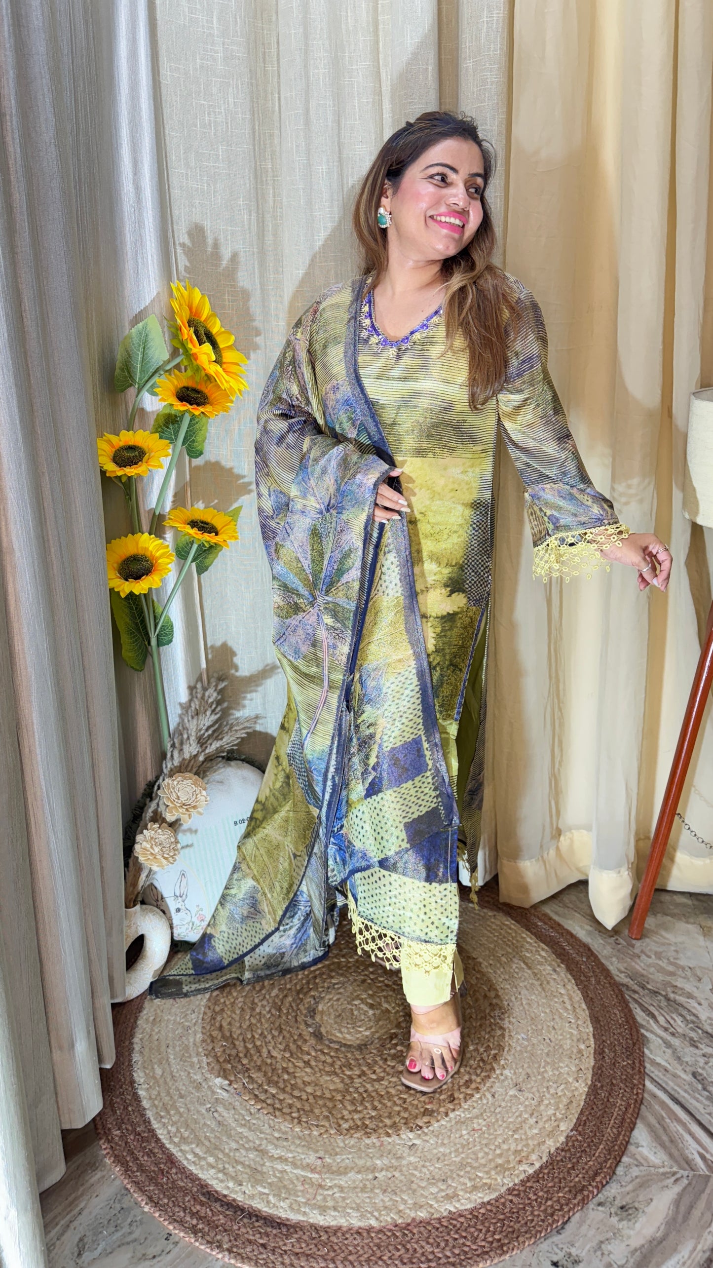 olive printed pakistani suit set