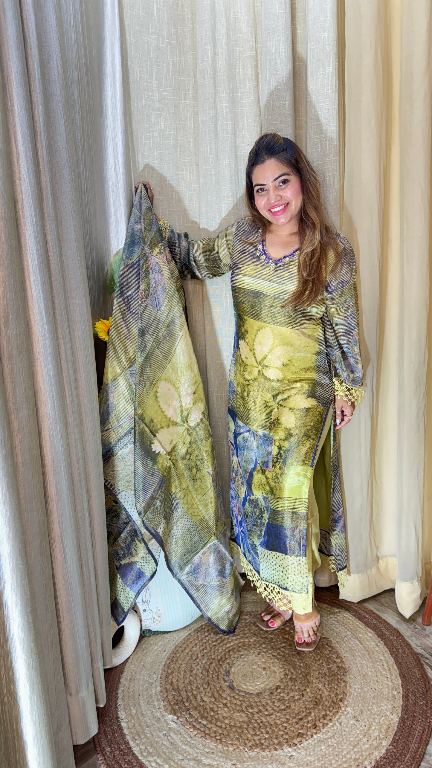 olive printed pakistani suit set