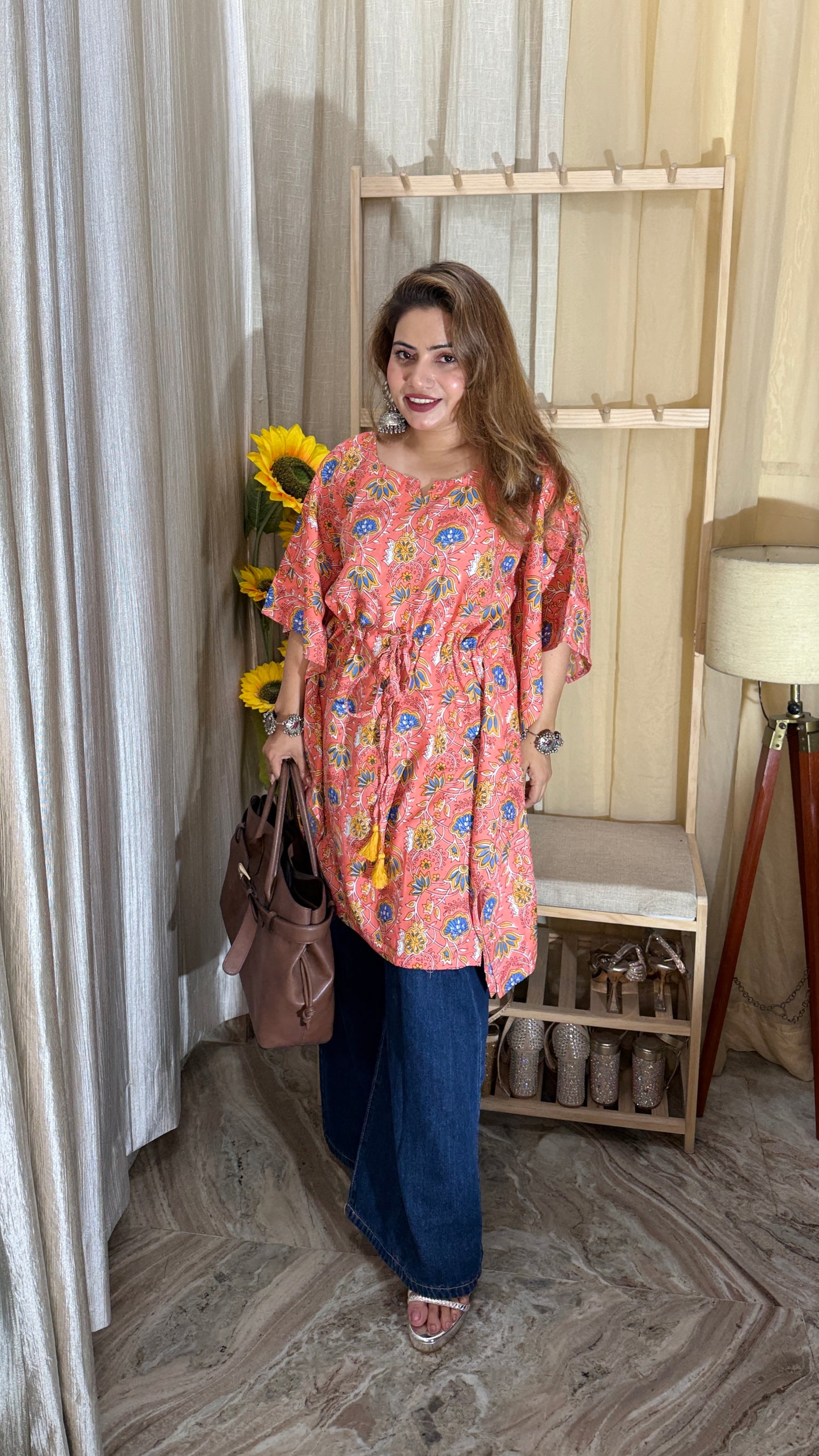 Peach Floral Printed Cotton Kurti with Tassel Tie-Up