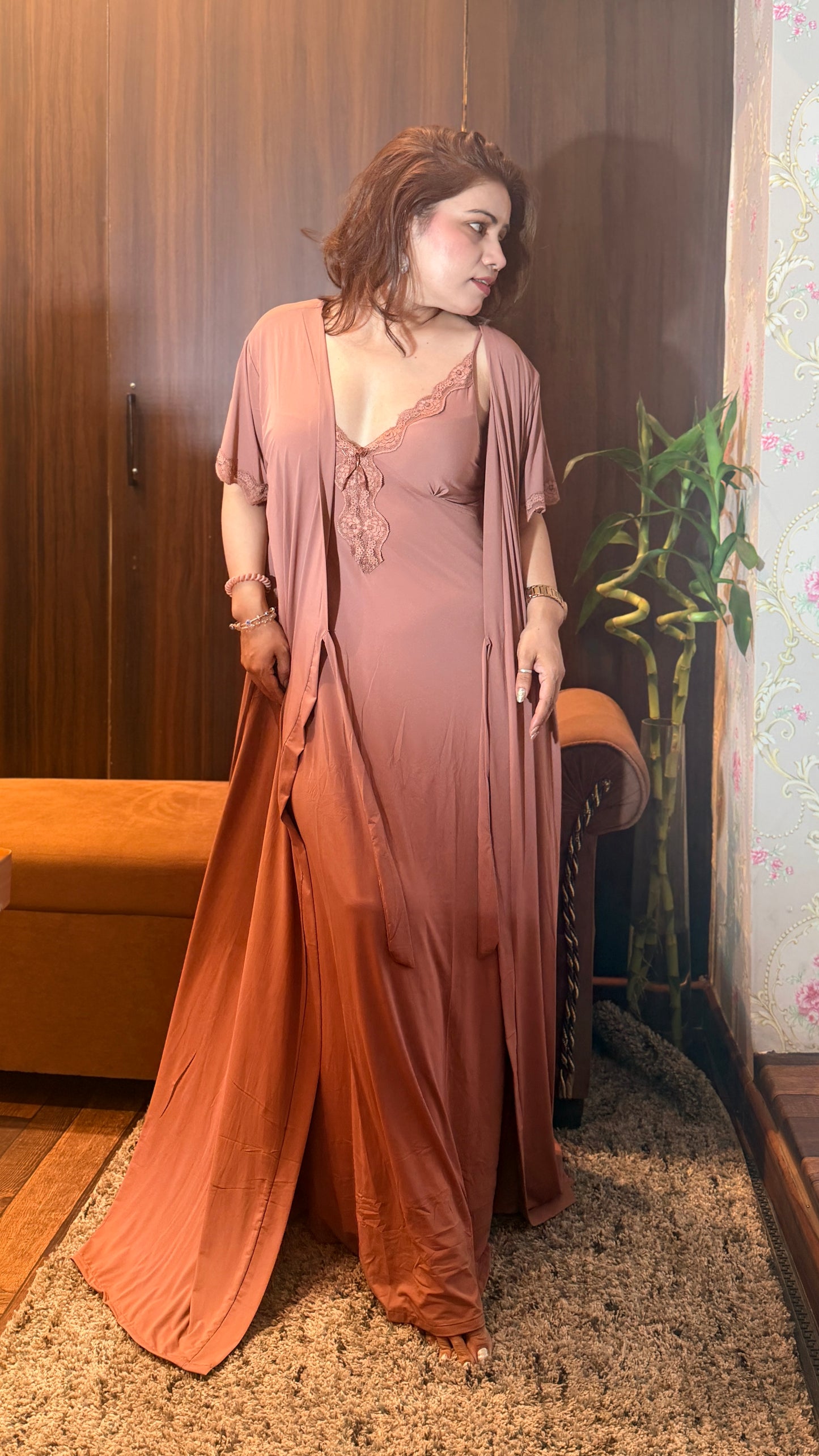 Bling by Anjali – Mocha Luxe Satin Nighty with Robe Set