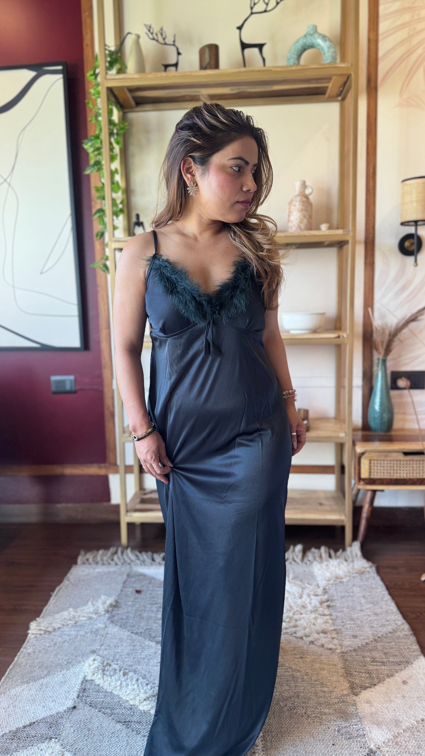 Feather Trim Satin Nightgown with Robe