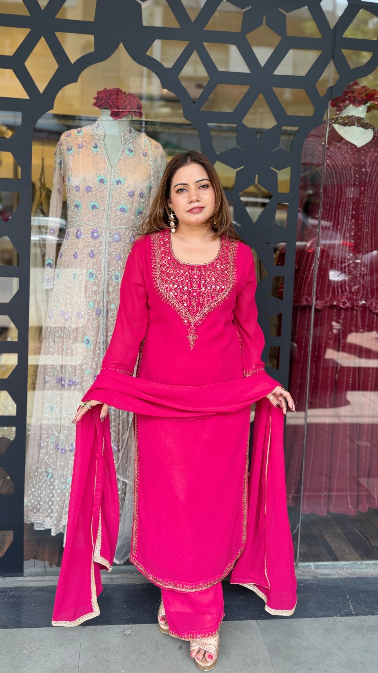 Cherry Red Embroidered Kurta Set with Dupatta
