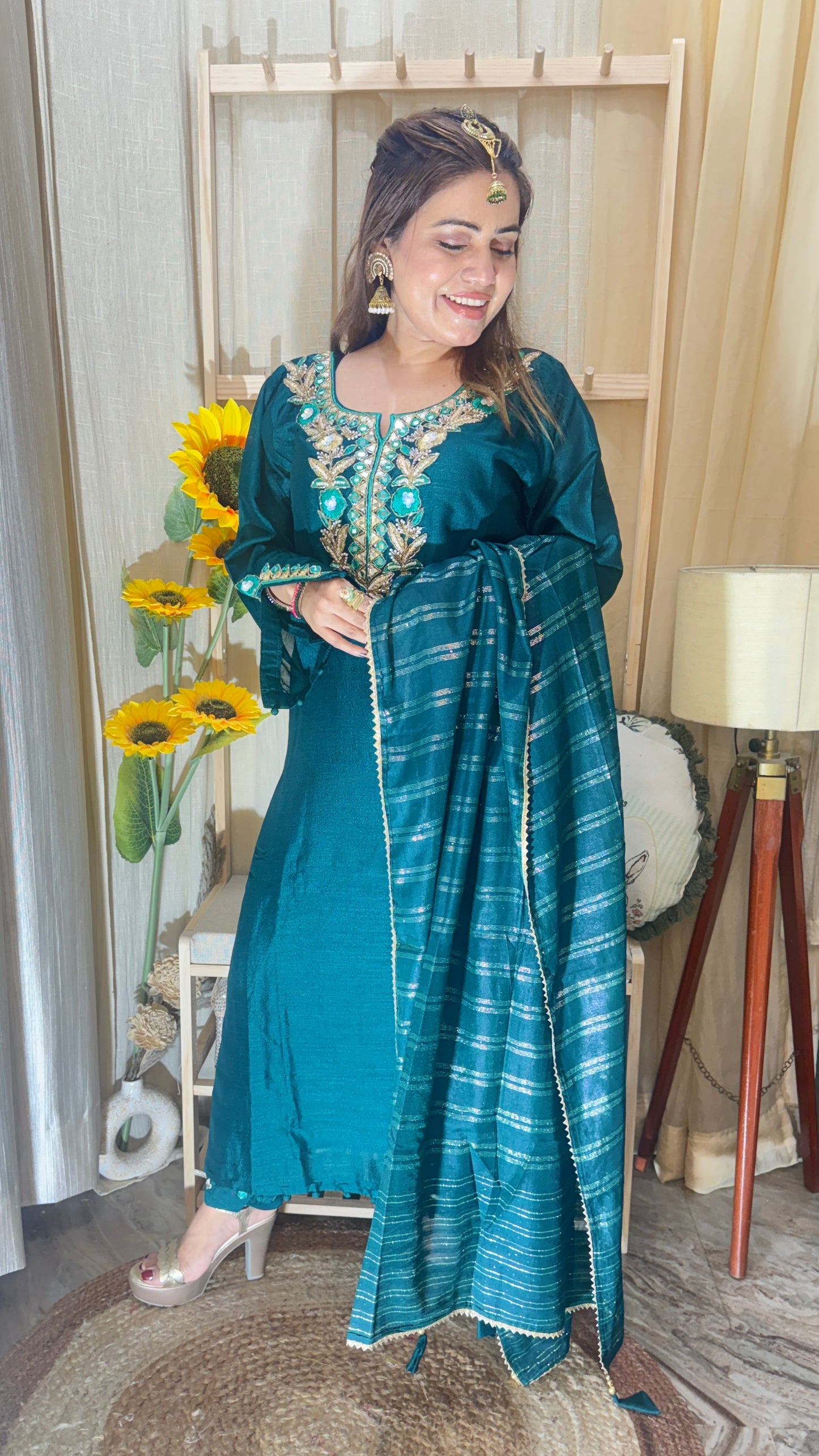 Teal Green Embroidered Kurta Set with Dupatta