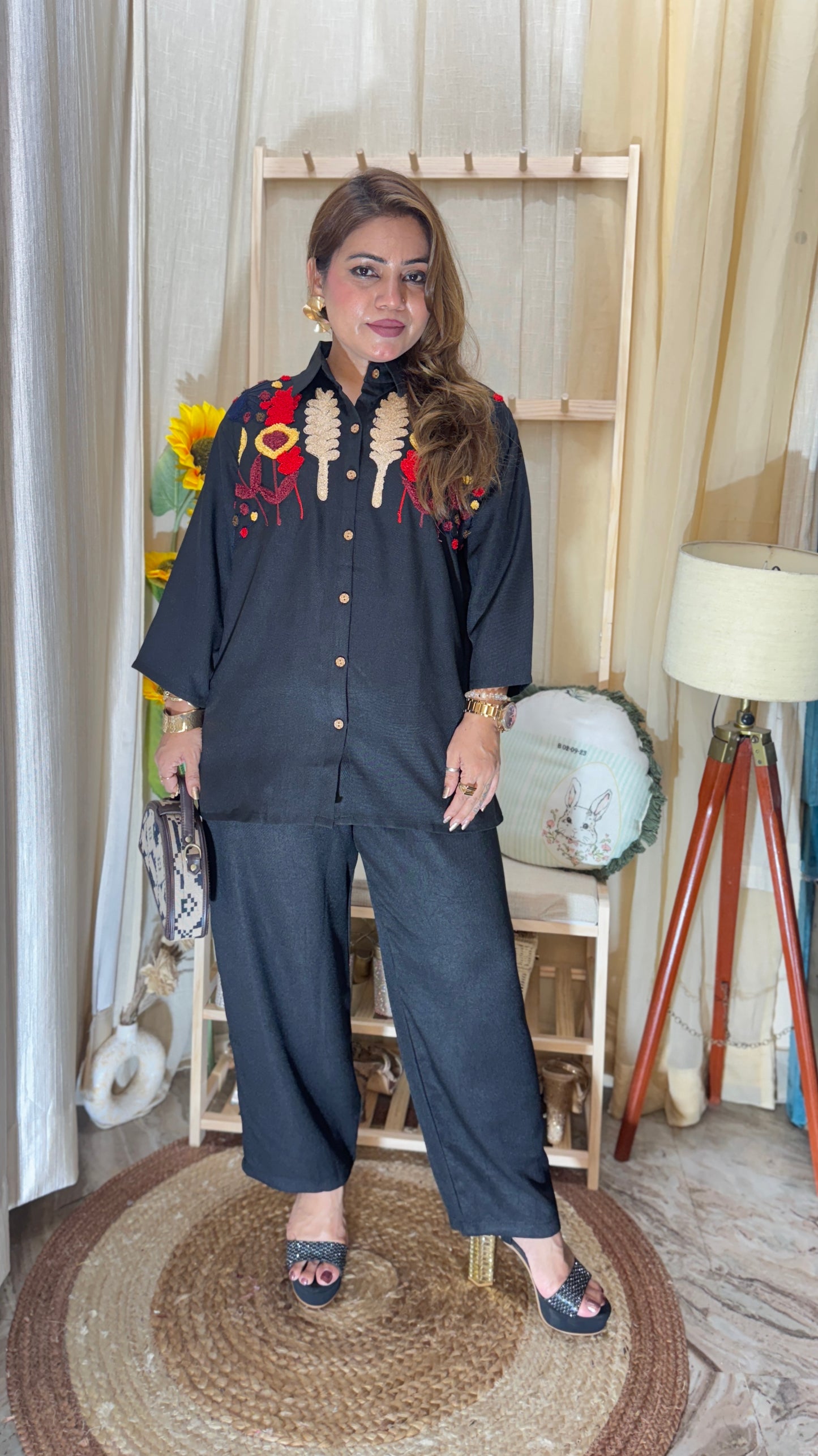 Black embroidered cord set