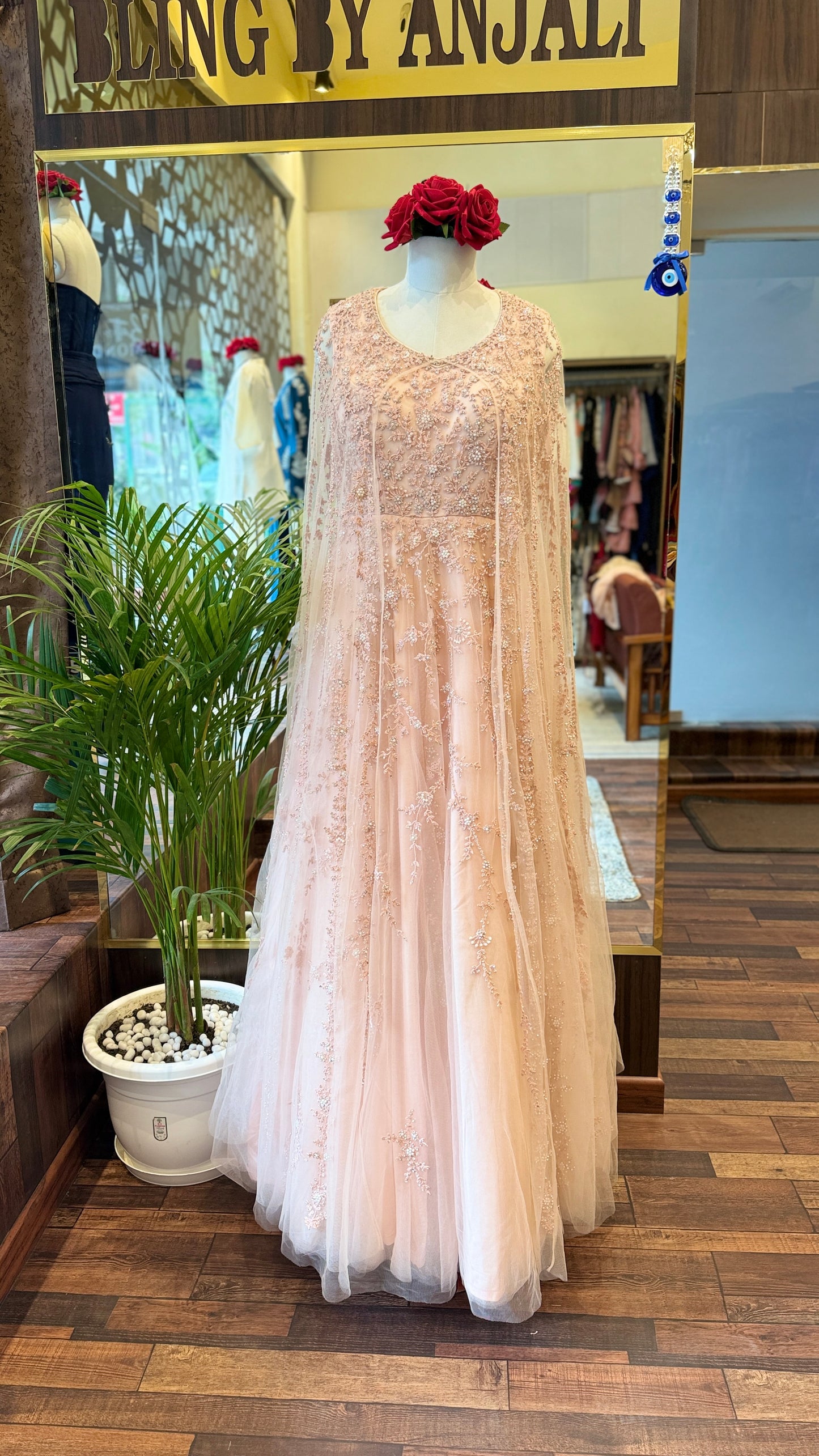 Blush Pink Embellished Cape Gown