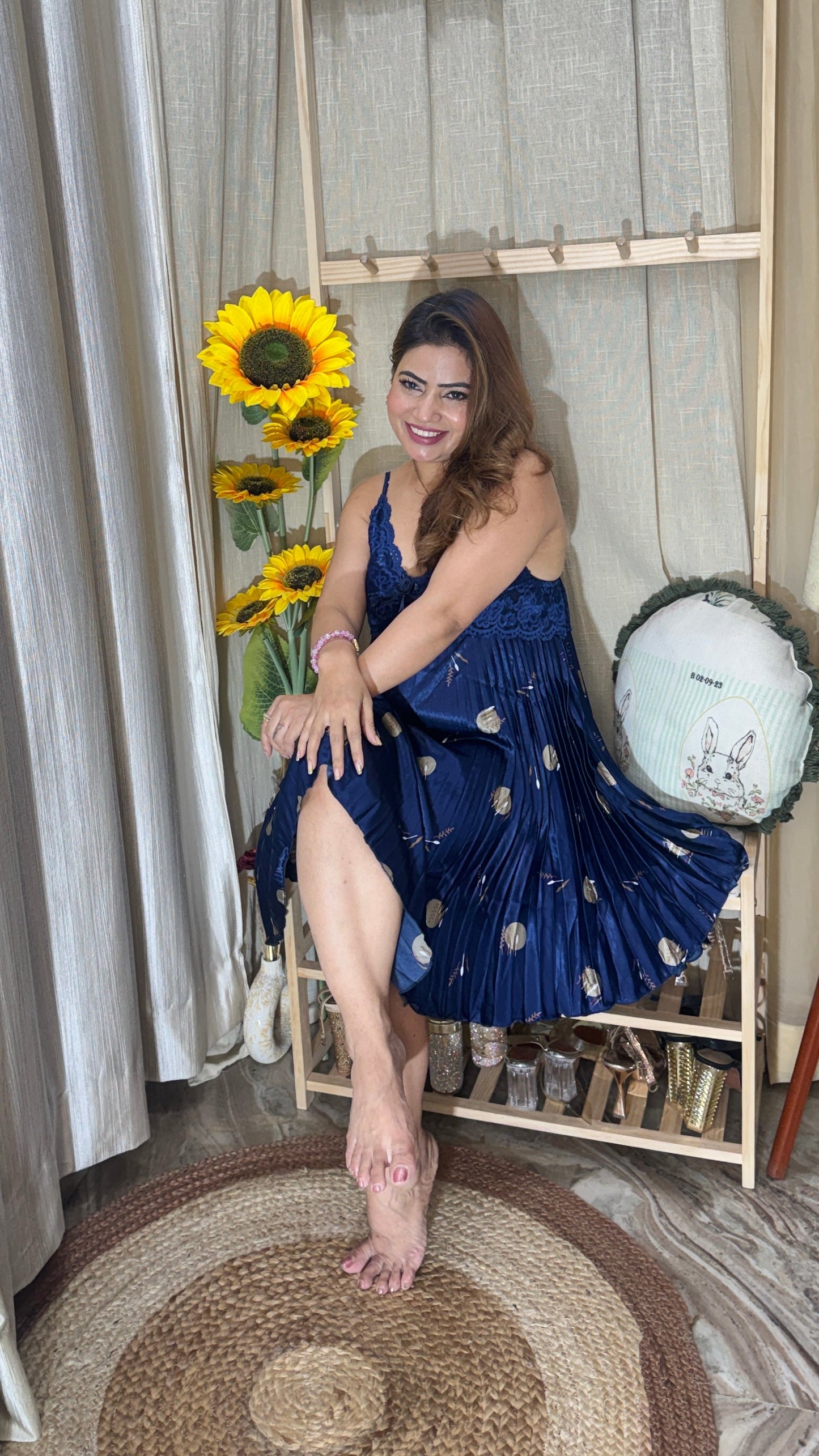 Luxury Navy Blue Satin Lace Nighty with Printed Robe – 2 Piece Nightwear Set