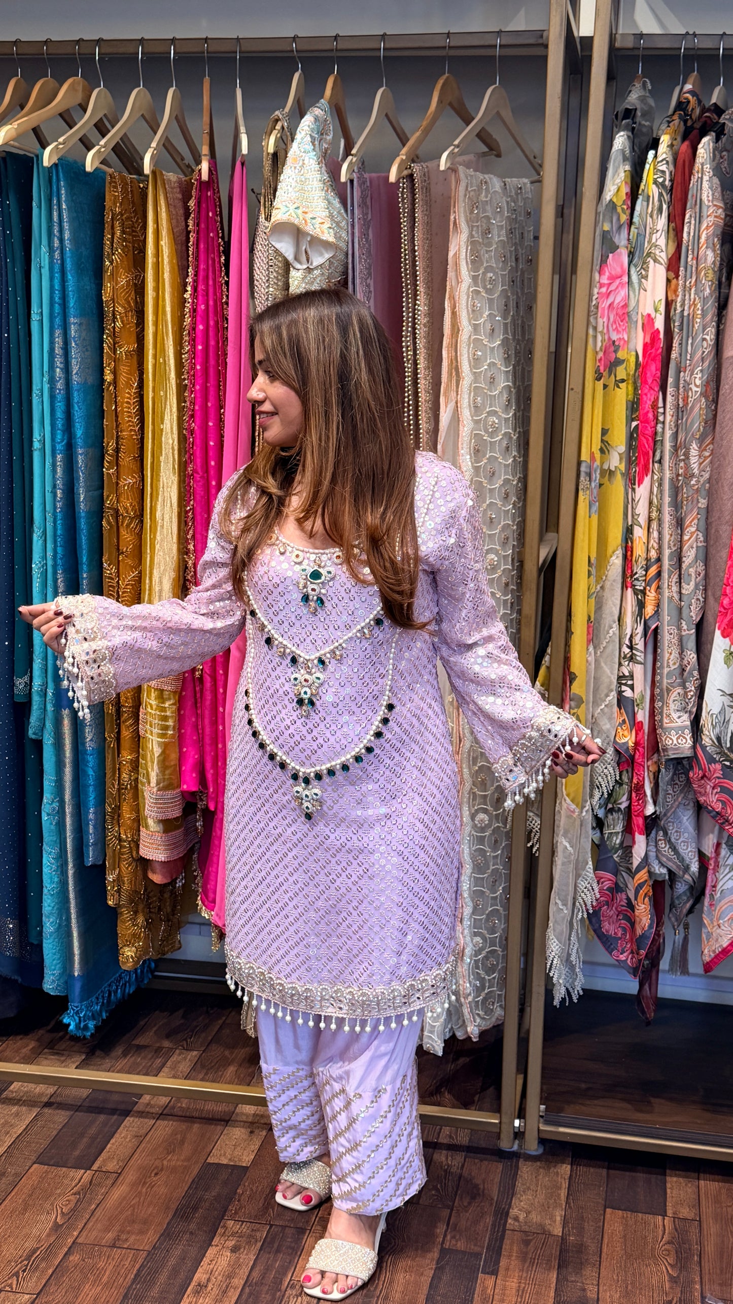 Lavender Embellished Kurta Set with Farsi Salwar