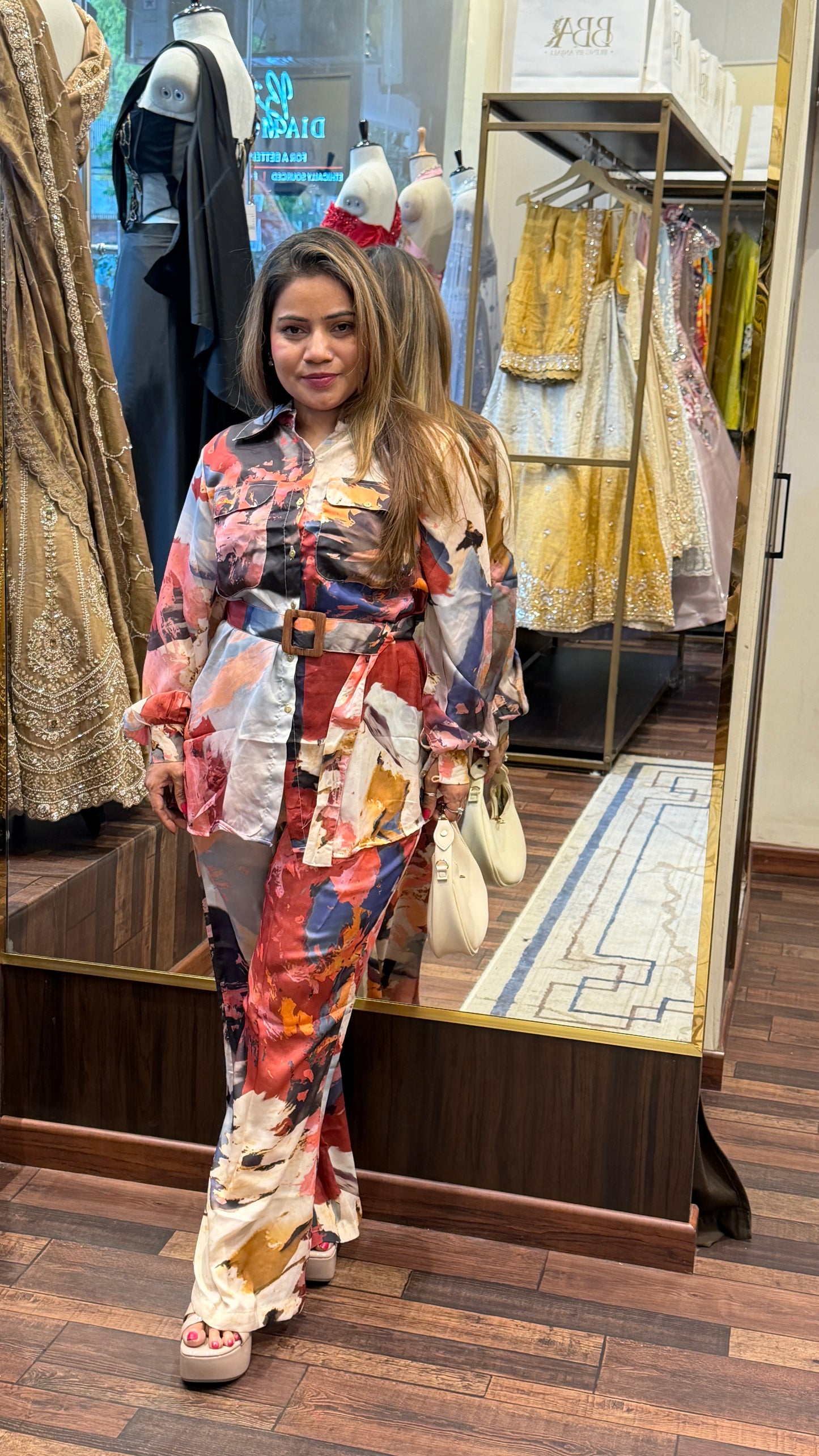 Abstract Print Satin Co-ord Set with Belt – Premium Statement Outfit for Women