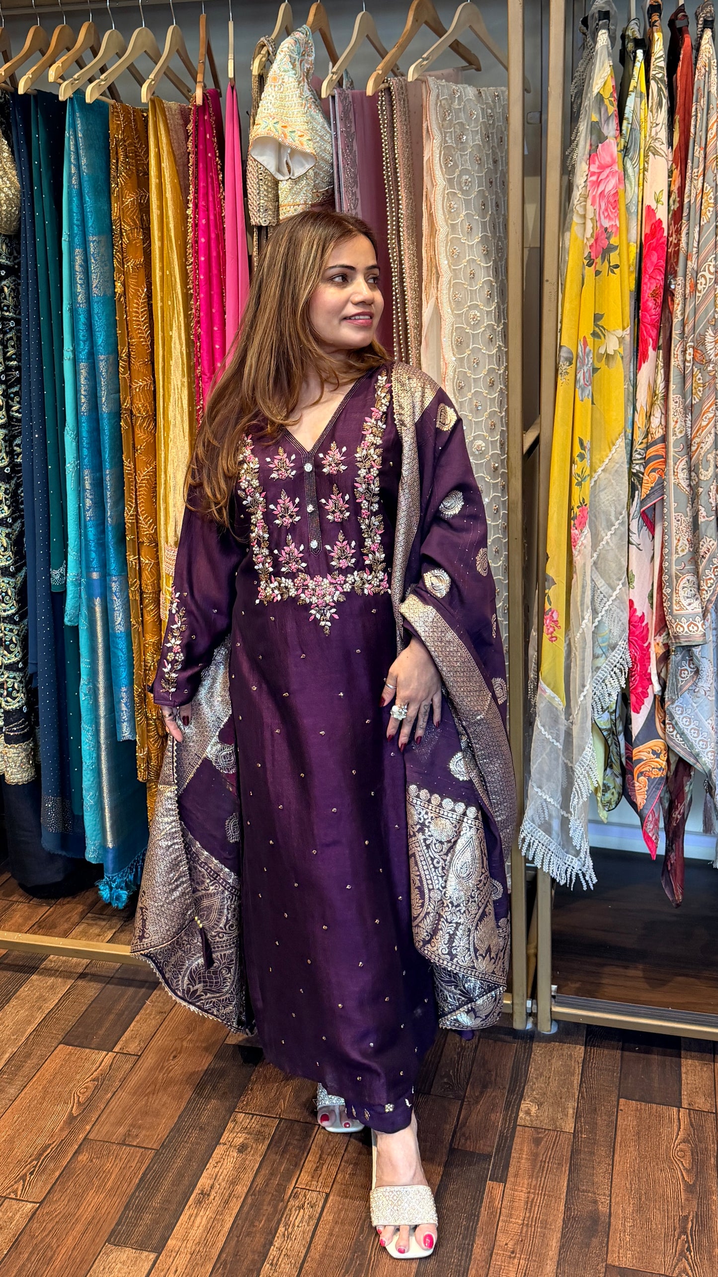 Wine Purple Embroidered Kurta Set with Jacquard Dupatta