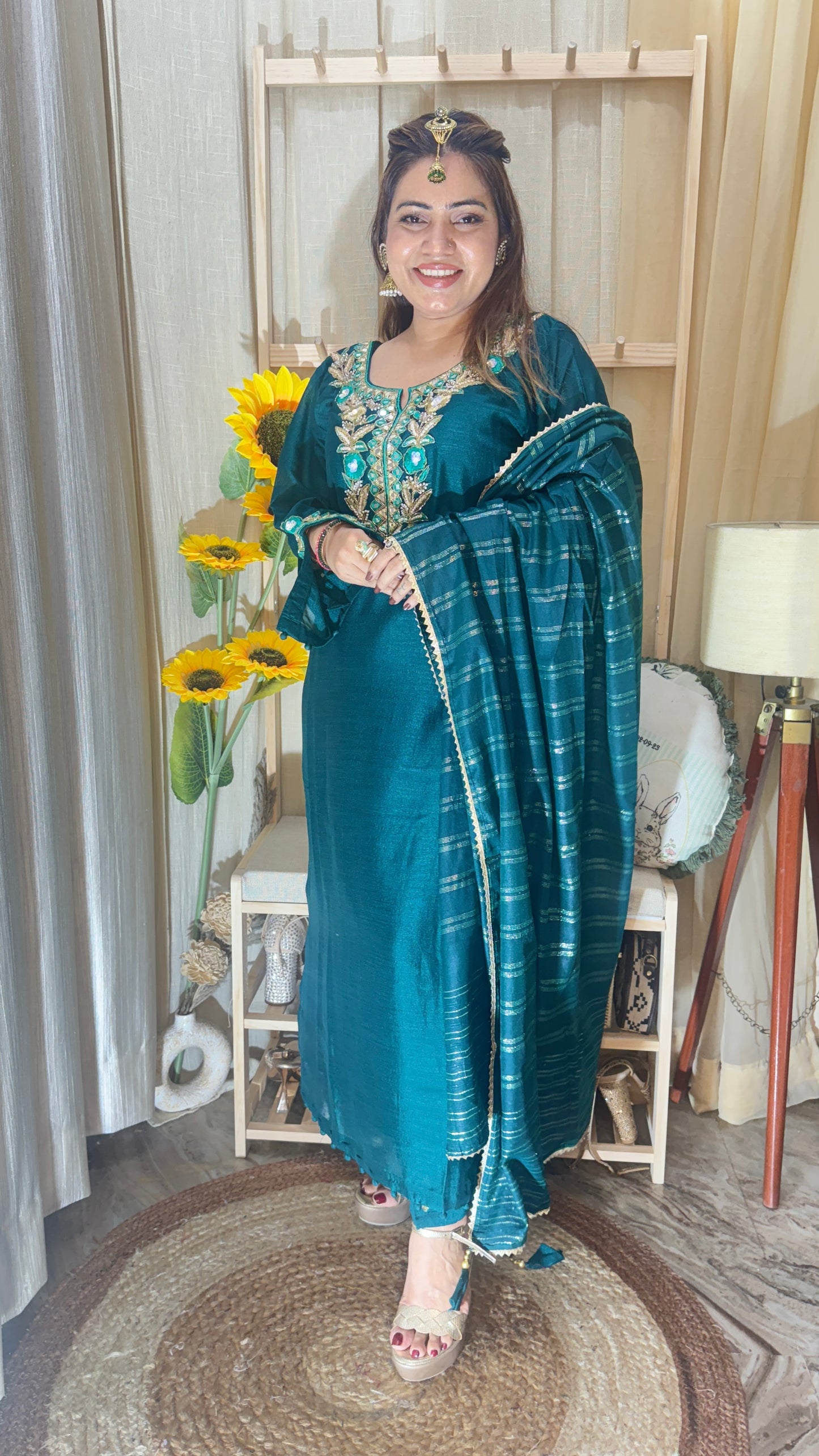 Teal Green Embroidered Kurta Set with Dupatta